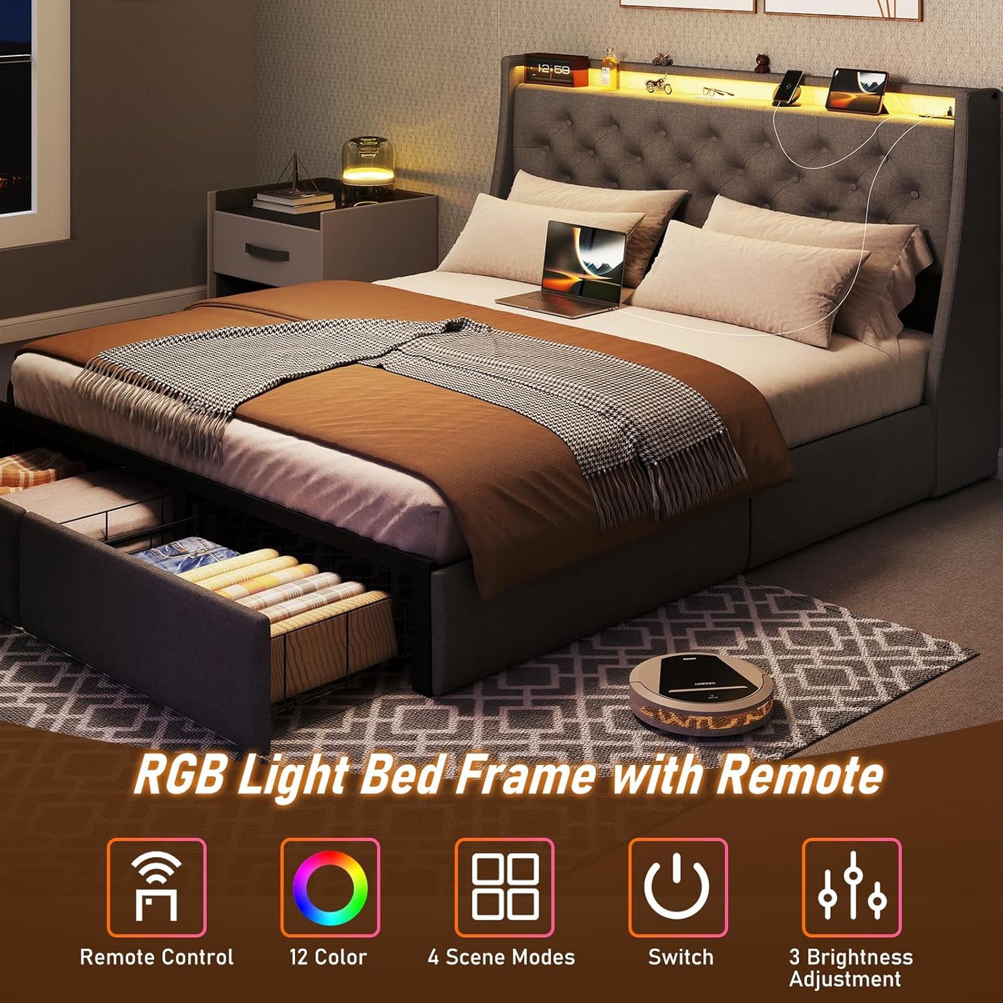 SADENICEL Queen Bed Frame with Storage Headboard and 2 Drawer, Metal Queen Size Bed Frame Platform with LED Light, Charging Station, No Box Spring Needed, Noise Free, Easy Assembly, Grey