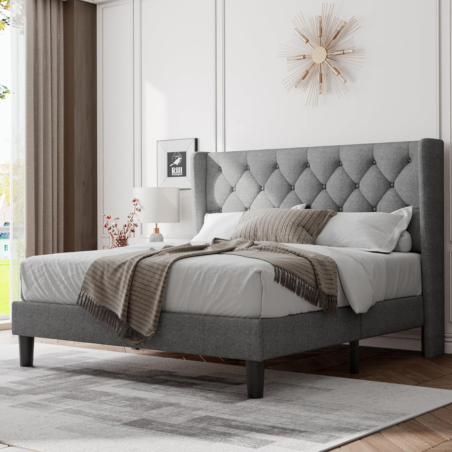 Feonase Full Size Bed Frame with Upholstered Wingback Headboard, Platform Bed and Heavy Duty Wooden Slats Support, Easy Assembly, Noise-Free, No Box Spring Needed, Dark Gray