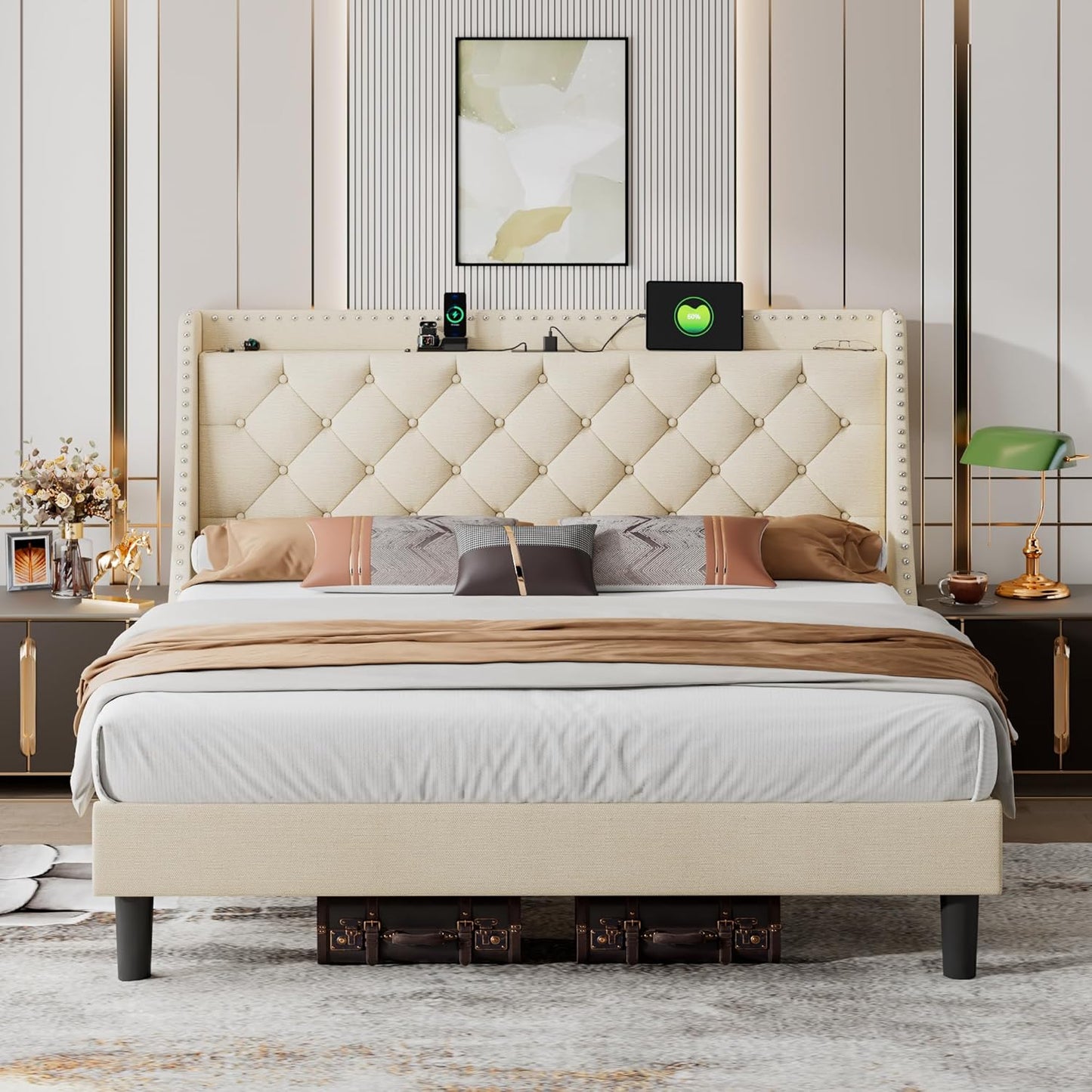 iPormis Full Bed Frame with 16" Comfort Wingback & Charging Station, Upholstered Platform Bed with Button Tufted Storage Headboard, Solid Wood Slats Support, No Box Spring Needed, Black