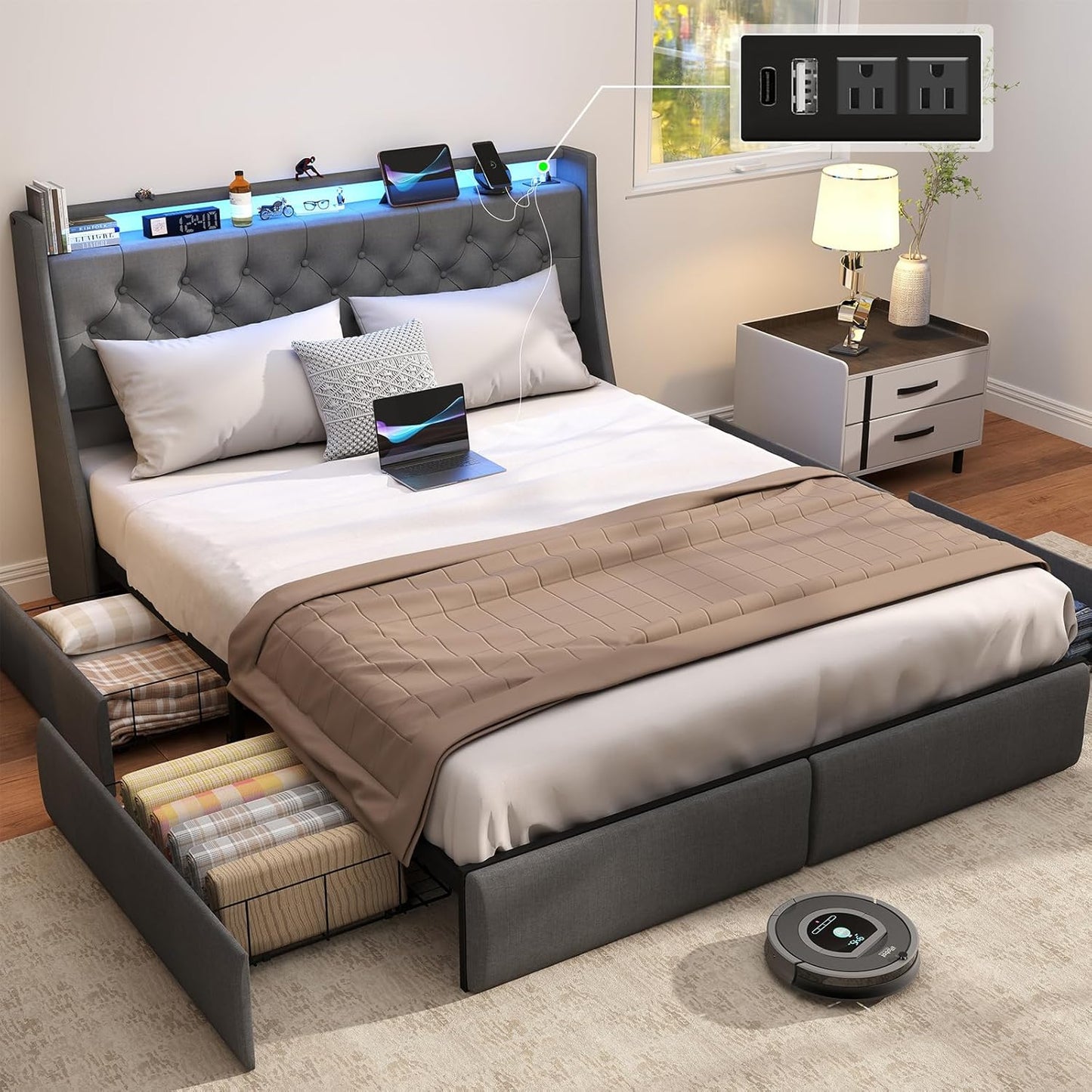 SADENICEL Queen Bed Frame with Storage Headboard and 2 Drawer, Metal Queen Size Bed Frame Platform with LED Light, Charging Station, No Box Spring Needed, Noise Free, Easy Assembly, Grey