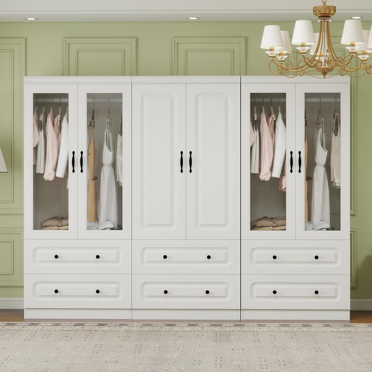 Wooden Armoire Wardrobe Closet：Large Wardrobe Closet with 4 Doors, 3 Drawers for Tall Cabinet, Wardrobe Cabinet for Bedroom with Hanging Rods, Golden Handle, White