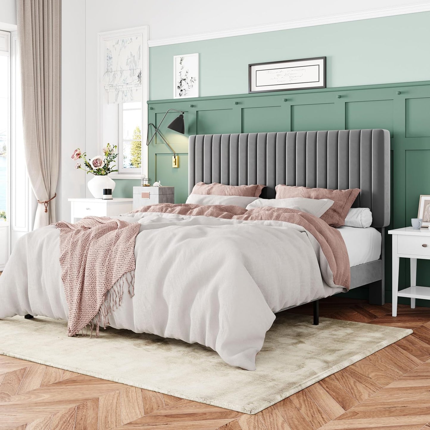 Allewie Queen Bed Frame, Velvet Upholstered Platform Bed with Vertical Channel Tufted Headboard, Mattress Foundation with Strong Wooden Slats, Box Spring Optional, Easy Assembly, Black