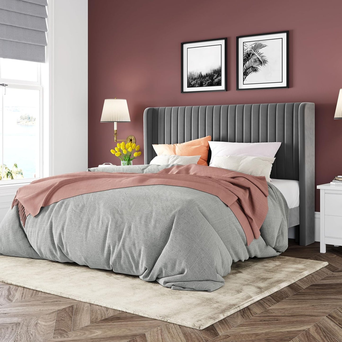 Allewie Full Size Velvet Bed Frame/Vertical Channel Tufted Wingback Headboard/Upholstered Platform Bed/Strong Wooden Slats/No Box Spring Needed/Easy Assembly/White