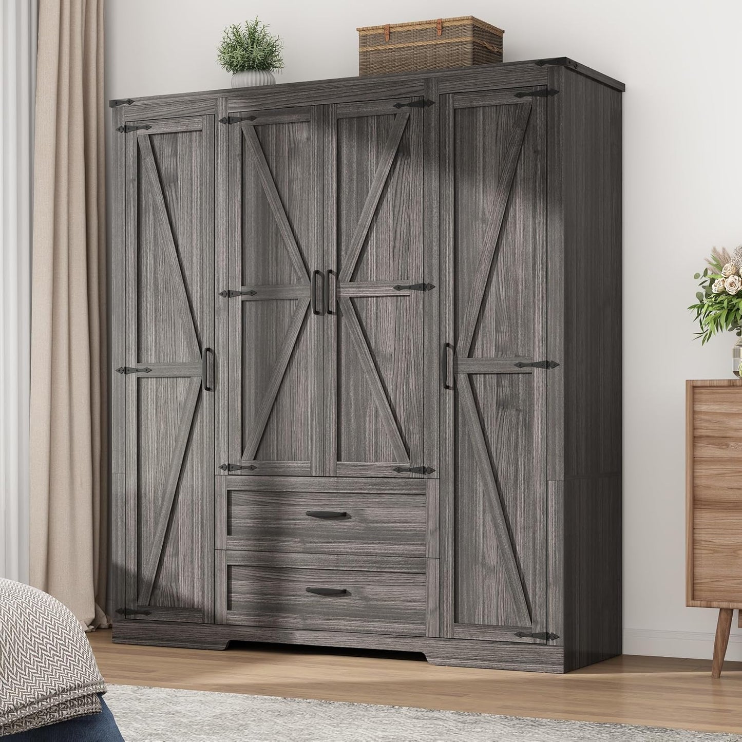 3 Doors Wardrobe Armoire Closet with Doors and Drawers, Farmhouse Wooden Armoire Storage Cabinet with Shelves & Hanging Rod for Bedroom, White