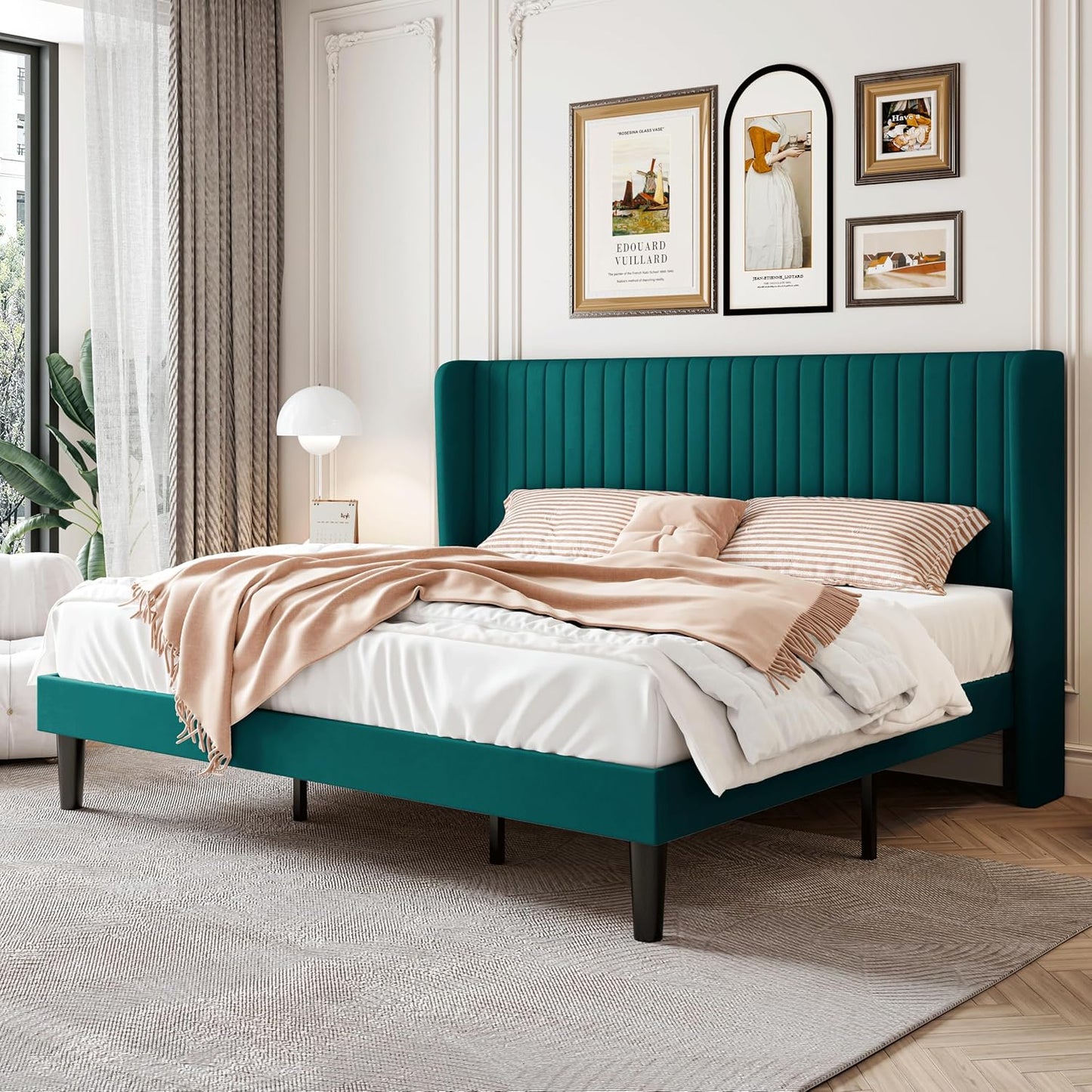 SHA CERLIN Full Size Velvet Bed Frame with Vertical Channel Tufted Wingback Headboard, Upholstered Platform Bed with Wood Slats, No Box Spring Needed, Easy Assembly, White