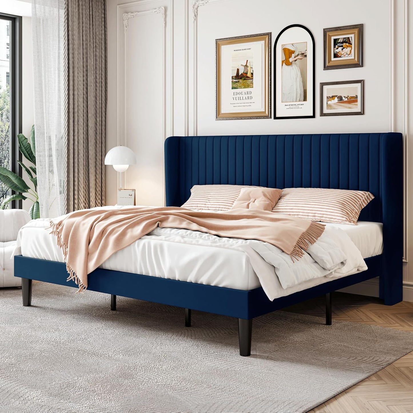 SHA CERLIN Full Size Velvet Bed Frame with Vertical Channel Tufted Wingback Headboard, Upholstered Platform Bed with Wood Slats, No Box Spring Needed, Easy Assembly, White