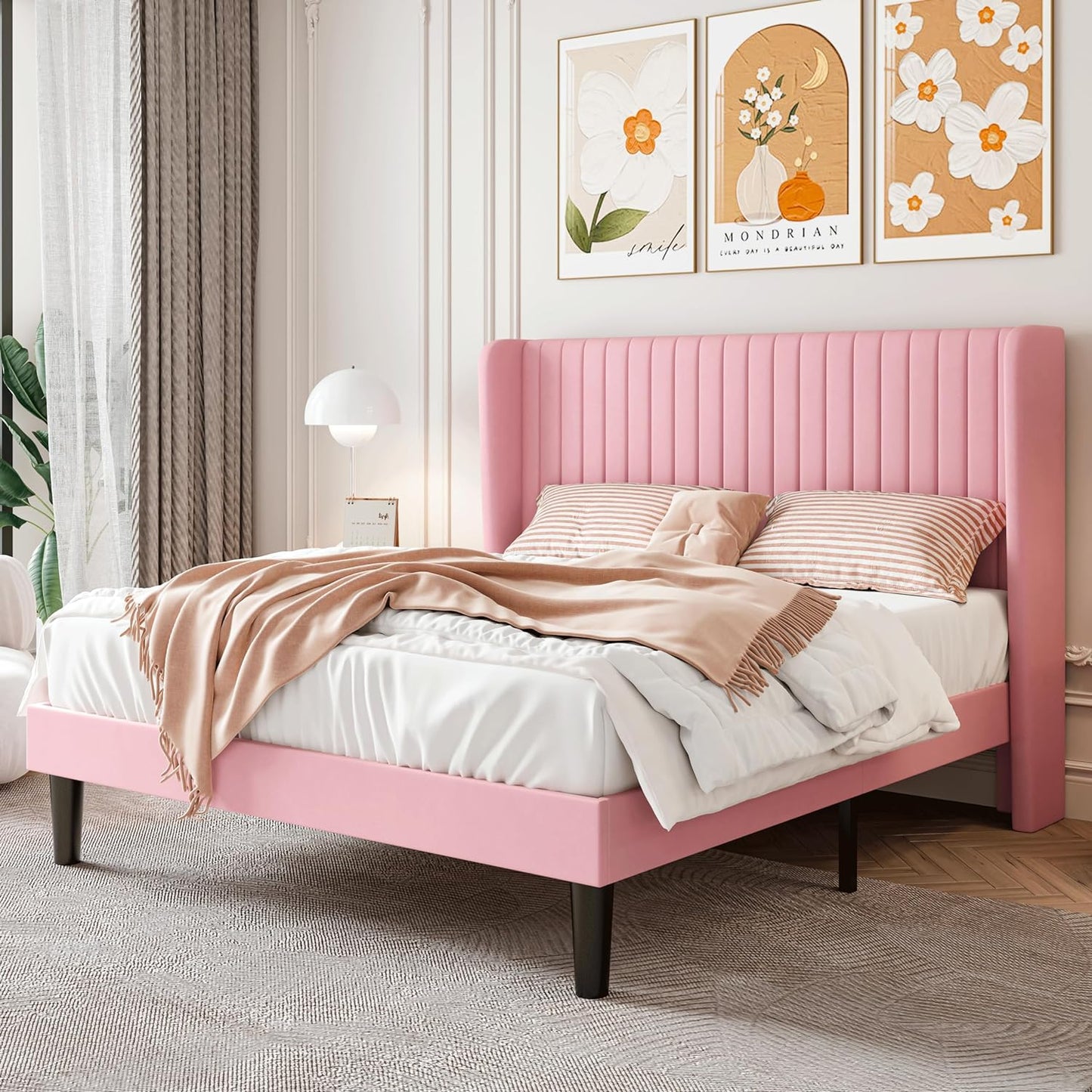 SHA CERLIN Full Size Velvet Bed Frame with Vertical Channel Tufted Wingback Headboard, Upholstered Platform Bed with Wood Slats, No Box Spring Needed, Easy Assembly, White