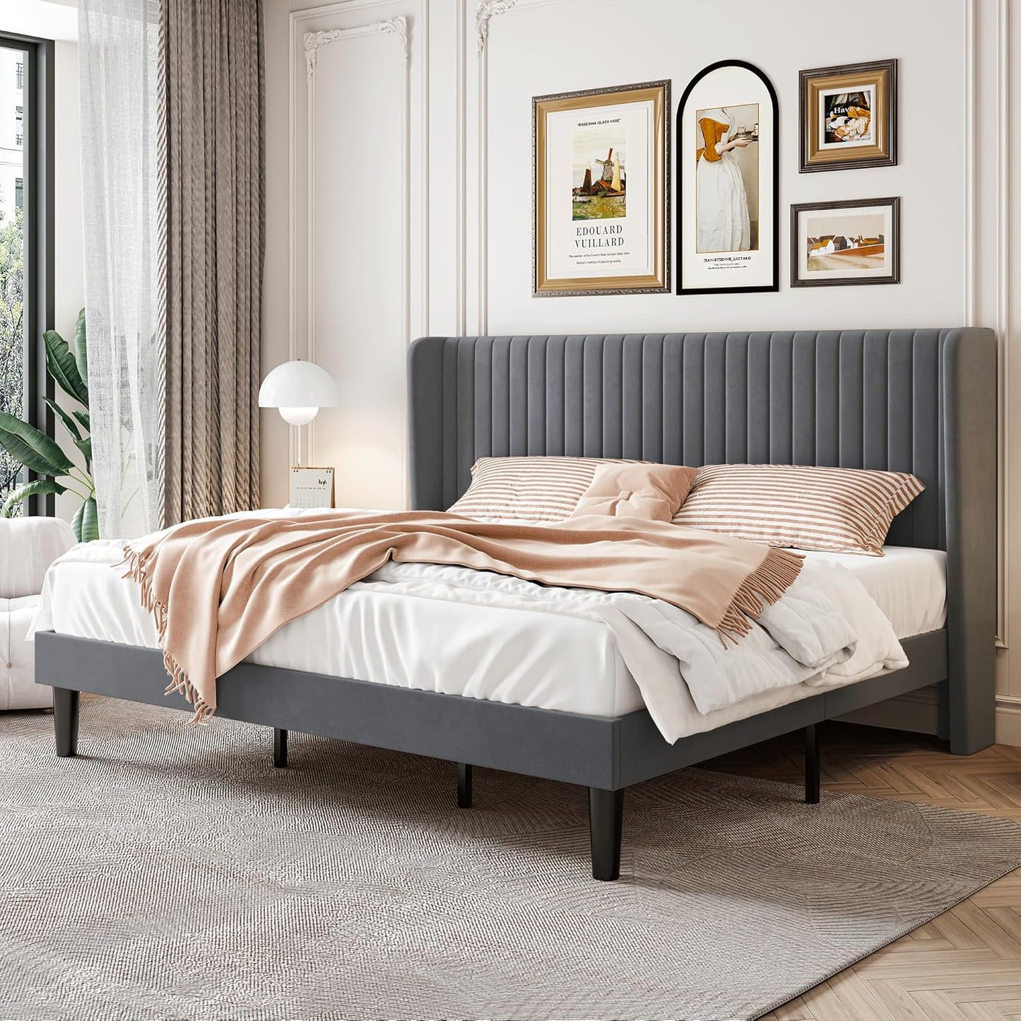 SHA CERLIN Full Size Velvet Bed Frame with Vertical Channel Tufted Wingback Headboard, Upholstered Platform Bed with Wood Slats, No Box Spring Needed, Easy Assembly, White