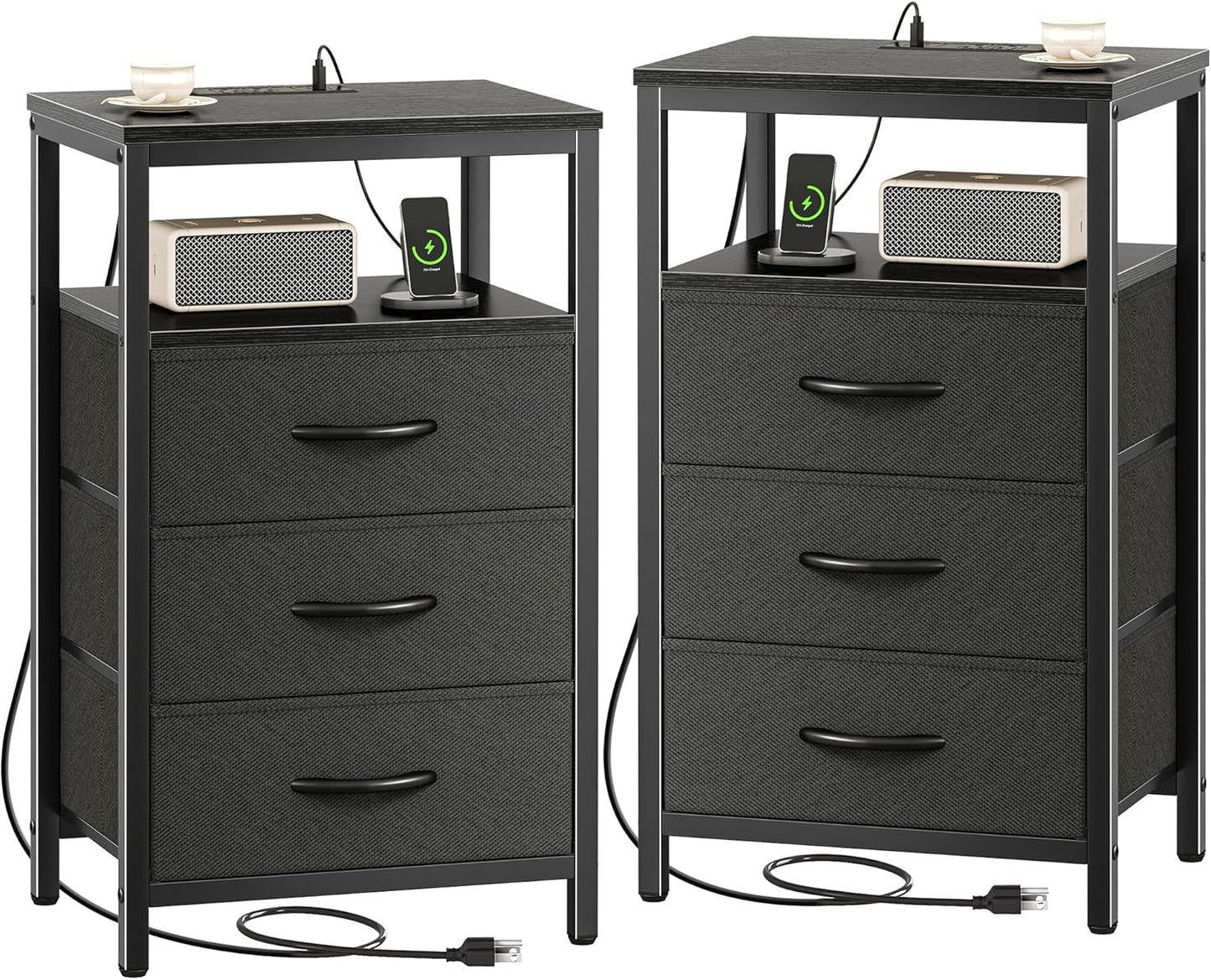 Huuger Nightstand with Charging Station, Side Table with Fabric Drawers, End Table with Open Shelf, Bedside Table with USB Ports and Outlets, Night Stand for Bedroom, White