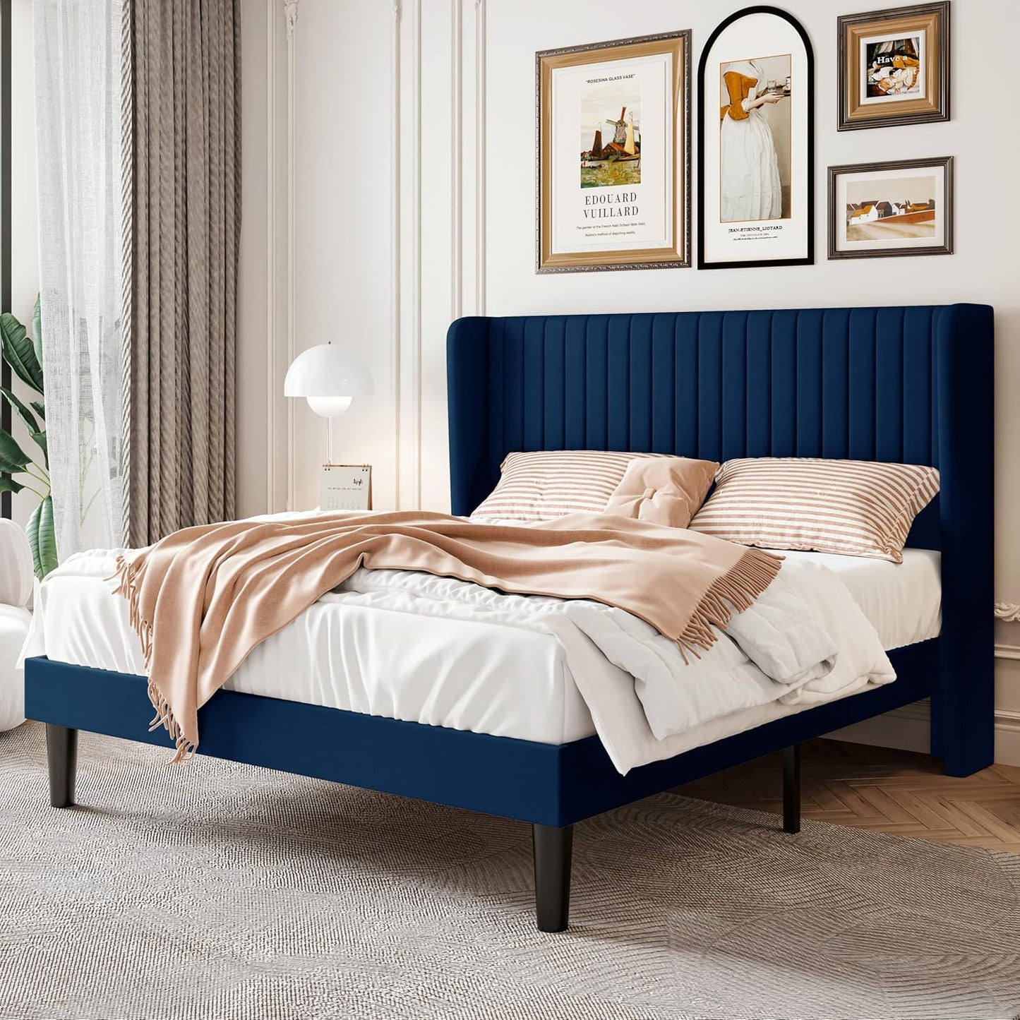 SHA CERLIN Full Size Velvet Bed Frame with Vertical Channel Tufted Wingback Headboard, Upholstered Platform Bed with Wood Slats, No Box Spring Needed, Easy Assembly, White