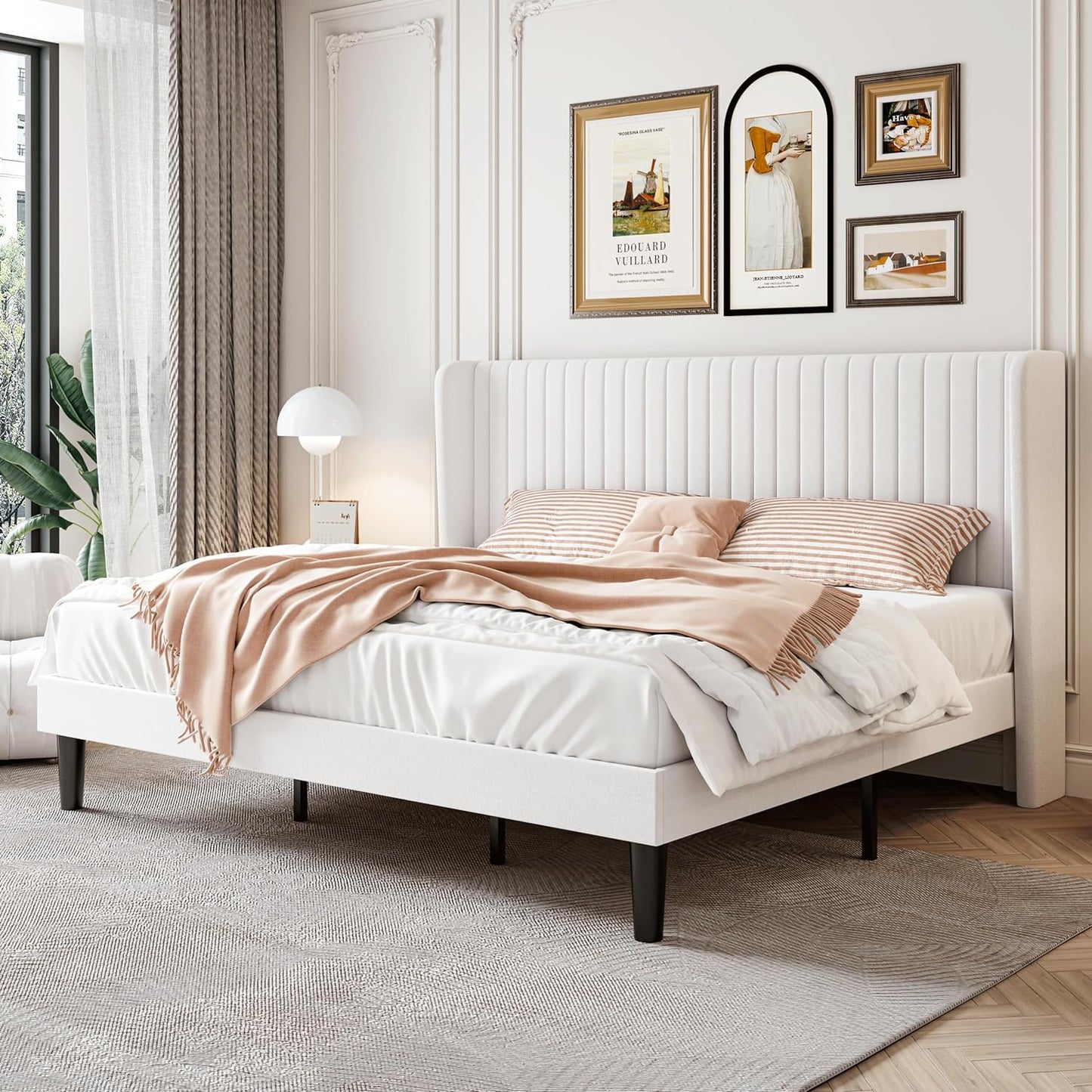 SHA CERLIN Full Size Velvet Bed Frame with Vertical Channel Tufted Wingback Headboard, Upholstered Platform Bed with Wood Slats, No Box Spring Needed, Easy Assembly, White