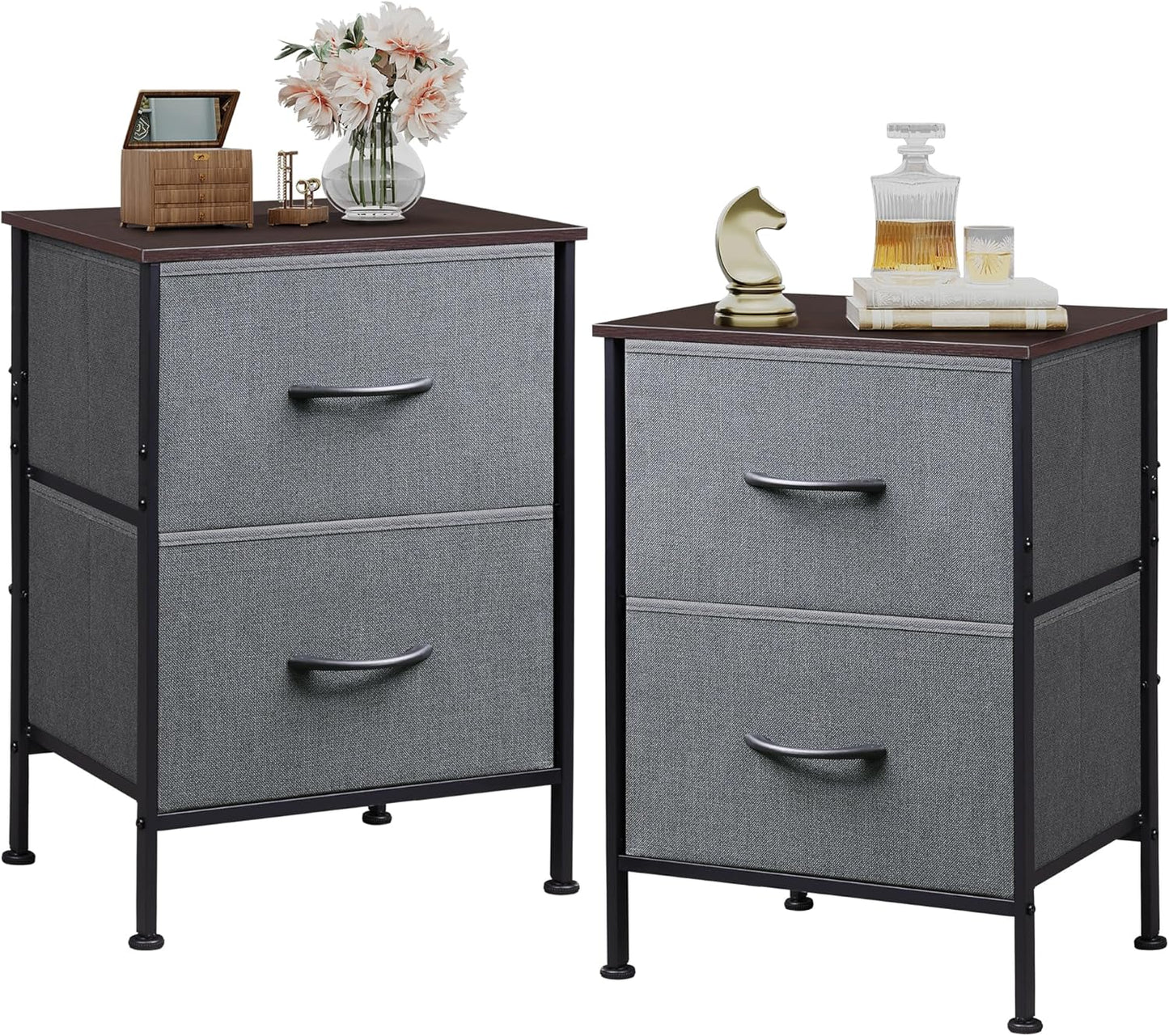WLIVE Night Stand, Small 2 Drawer Dresser, Nightstand with Fabric Bins for Bedroom, Closet, Dorm, Rustic Brown Wood Grain Print, 11.8" D x 15.7" W x 20.9" H