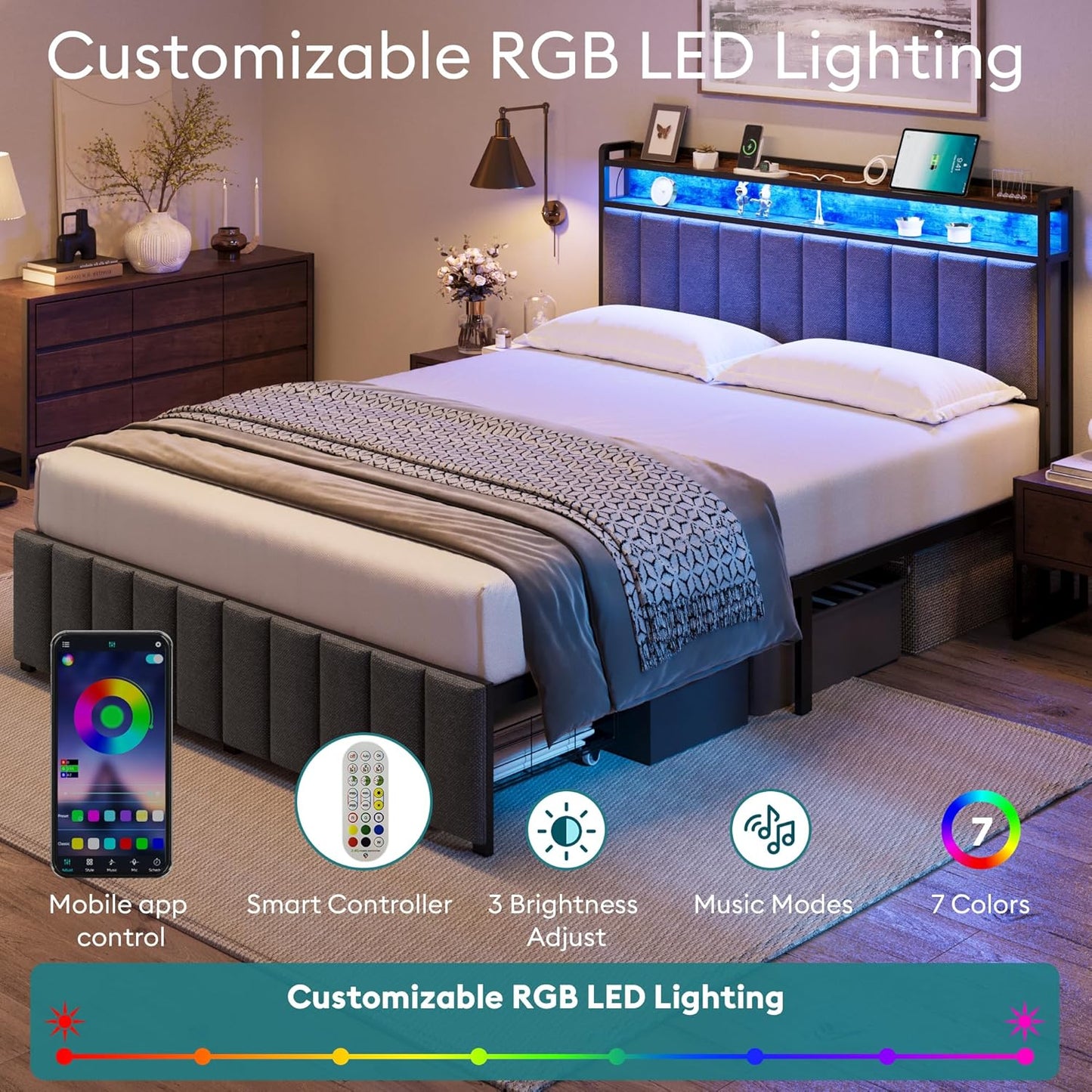 Full Bed Frame with Storage, Upholstered Bed Frame with LED Lights Headboard and 2 Drawers, Full Size Bed with Charging Station, Noise-Free, No Box Spring Needed, Easy Assembly, Grey
