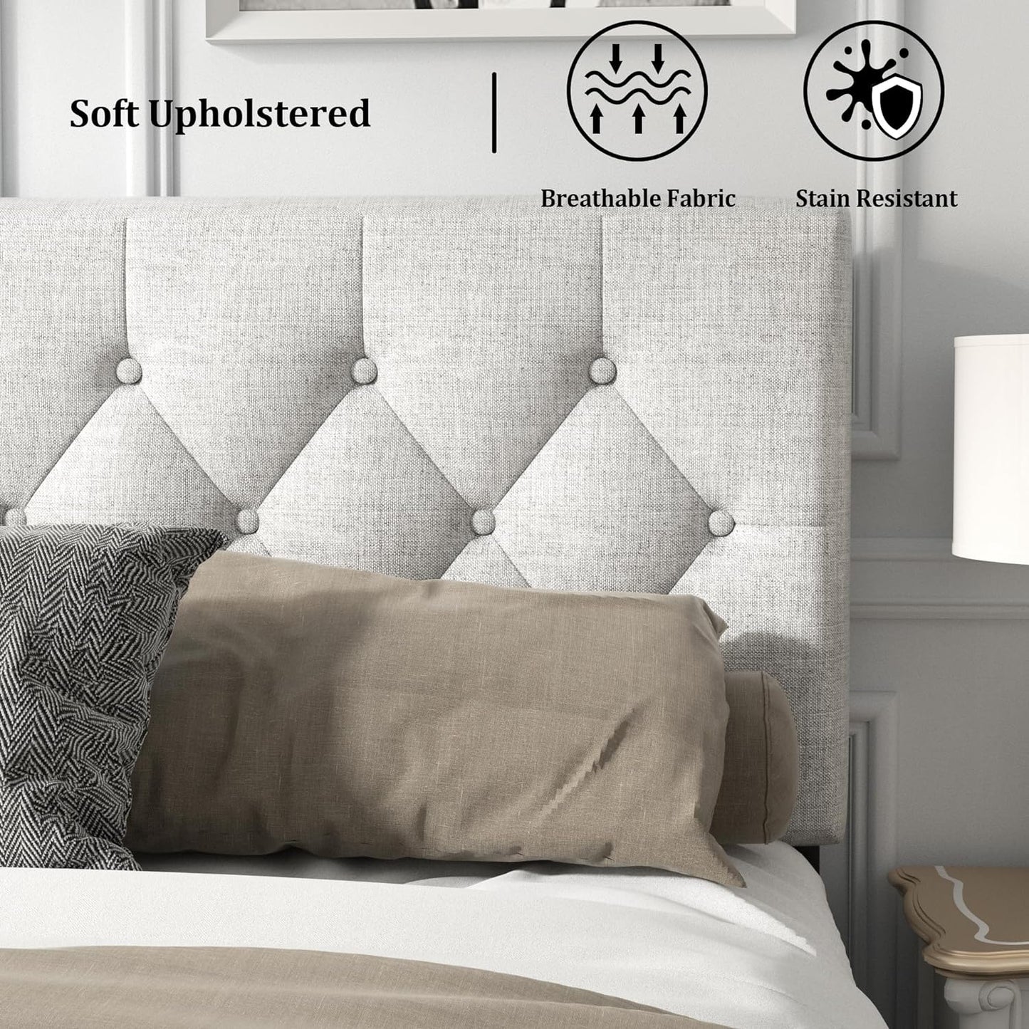 Full Size Platform Bed Frame with Upholstered Button Tufted Headboard, Mattress Foundation with Wooden Slat Support, Noise Free, No Box Spring Needed, Easy Assembly, Light Grey