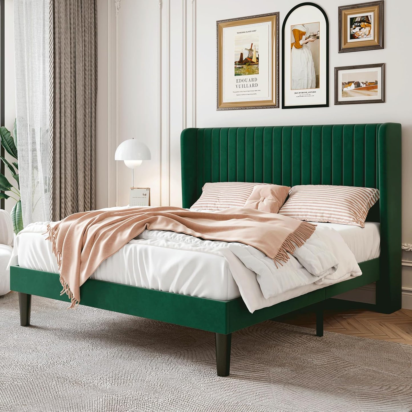 SHA CERLIN Full Size Velvet Bed Frame with Vertical Channel Tufted Wingback Headboard, Upholstered Platform Bed with Wood Slats, No Box Spring Needed, Easy Assembly, White