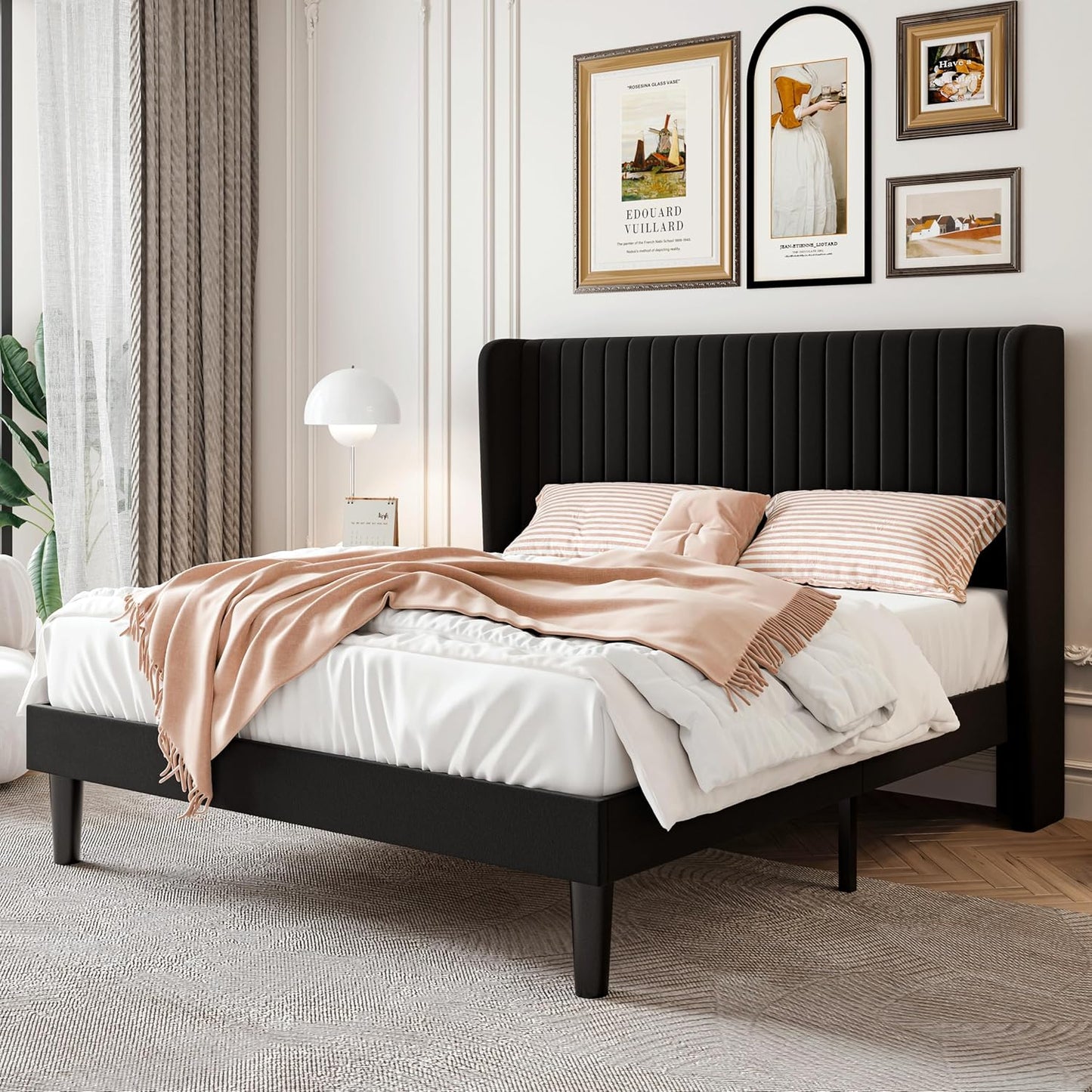 SHA CERLIN Full Size Velvet Bed Frame with Vertical Channel Tufted Wingback Headboard, Upholstered Platform Bed with Wood Slats, No Box Spring Needed, Easy Assembly, White
