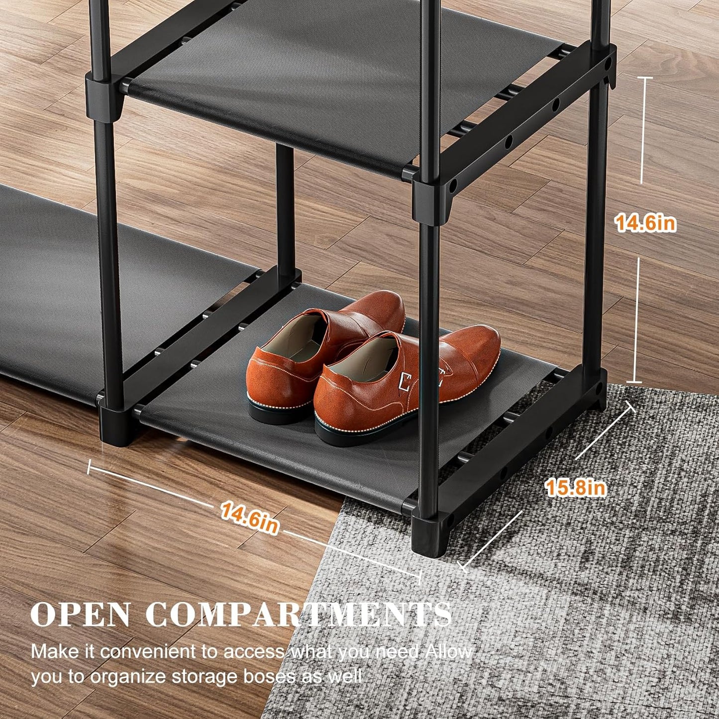 Portable Closet, Freestanding Wardrobe Closet Organizers and Storage,Open Clothing Racks for Hanging Clothes with 4 Shelves and 2 Hanging Rods，47.8x15.8x63.4 Inches