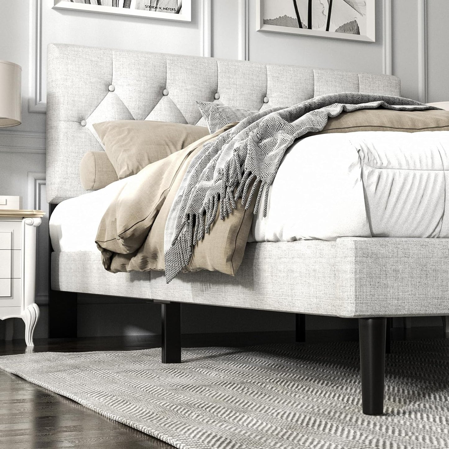 Full Size Platform Bed Frame with Upholstered Button Tufted Headboard, Mattress Foundation with Wooden Slat Support, Noise Free, No Box Spring Needed, Easy Assembly, Light Grey