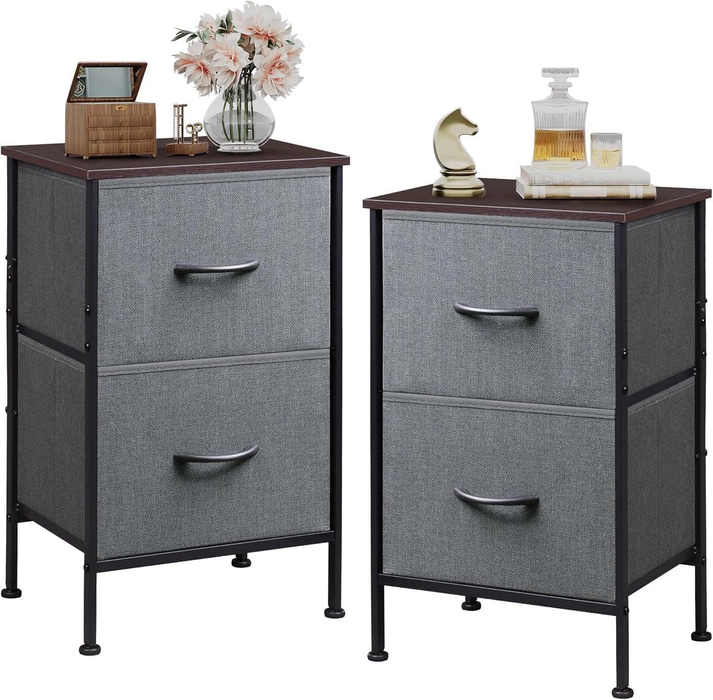 WLIVE Night Stand, Small 2 Drawer Dresser, Nightstand with Fabric Bins for Bedroom, Closet, Dorm, Rustic Brown Wood Grain Print, 11.8" D x 15.7" W x 20.9" H