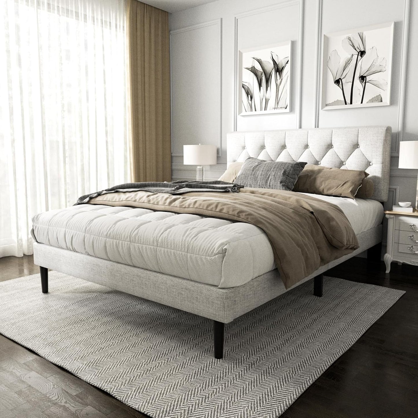 Full Size Platform Bed Frame with Upholstered Button Tufted Headboard, Mattress Foundation with Wooden Slat Support, Noise Free, No Box Spring Needed, Easy Assembly, Light Grey