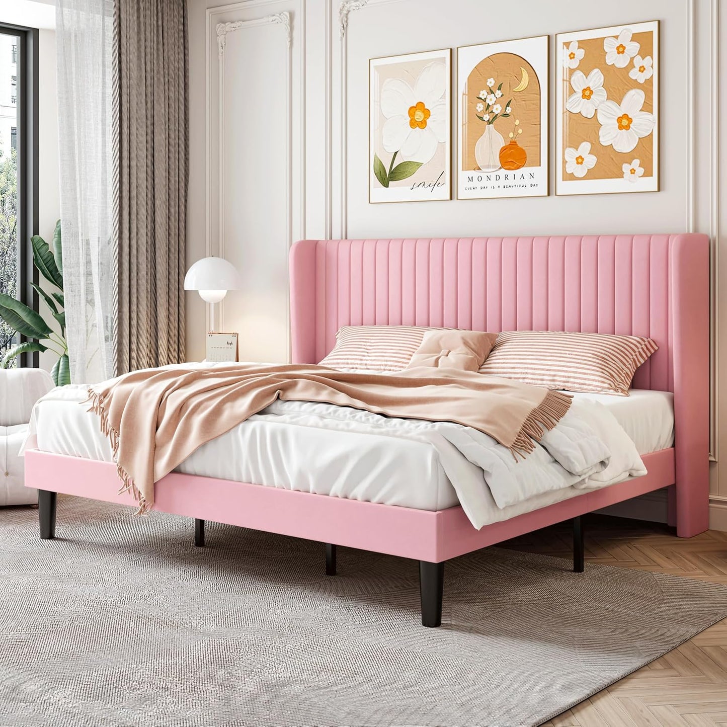 SHA CERLIN Full Size Velvet Bed Frame with Vertical Channel Tufted Wingback Headboard, Upholstered Platform Bed with Wood Slats, No Box Spring Needed, Easy Assembly, White