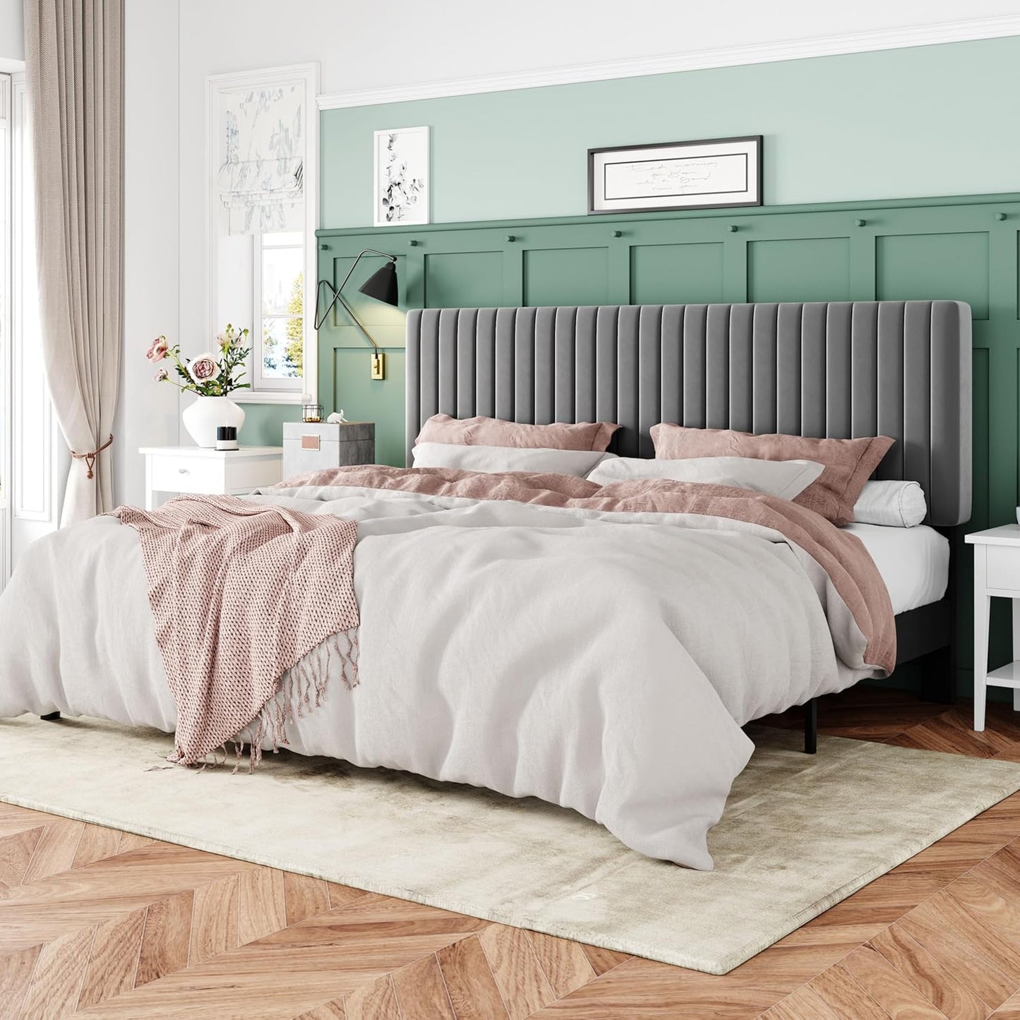 Allewie Queen Bed Frame, Velvet Upholstered Platform Bed with Vertical Channel Tufted Headboard, Mattress Foundation with Strong Wooden Slats, Box Spring Optional, Easy Assembly, Black