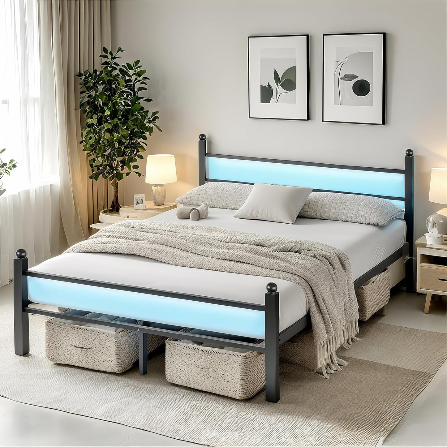 Full Size Bed Frame with Headboard and Footboard,Steel Slats Support-LED Bed Frame with USB Charging Station,Mattress Foundation-Under Bed Storage,No Box Spring Needed,Noise Free,White
