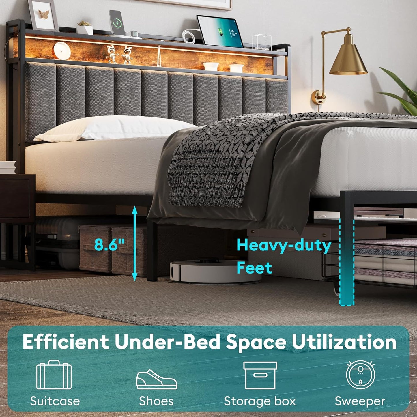 Full Bed Frame with Storage, Upholstered Bed Frame with LED Lights Headboard and 2 Drawers, Full Size Bed with Charging Station, Noise-Free, No Box Spring Needed, Easy Assembly, Grey