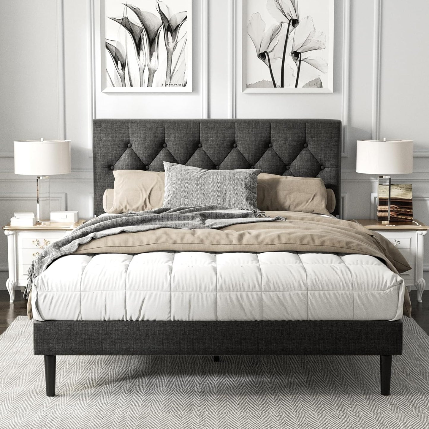 Full Size Platform Bed Frame with Upholstered Button Tufted Headboard, Mattress Foundation with Wooden Slat Support, Noise Free, No Box Spring Needed, Easy Assembly, Light Grey