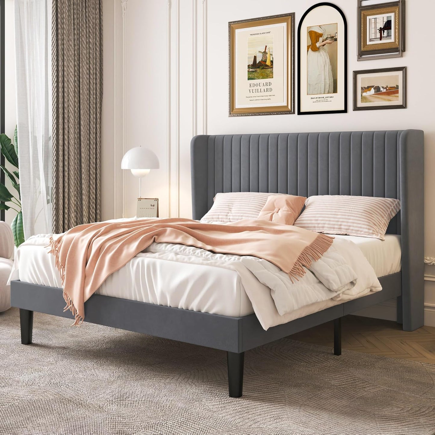 SHA CERLIN Full Size Velvet Bed Frame with Vertical Channel Tufted Wingback Headboard, Upholstered Platform Bed with Wood Slats, No Box Spring Needed, Easy Assembly, White