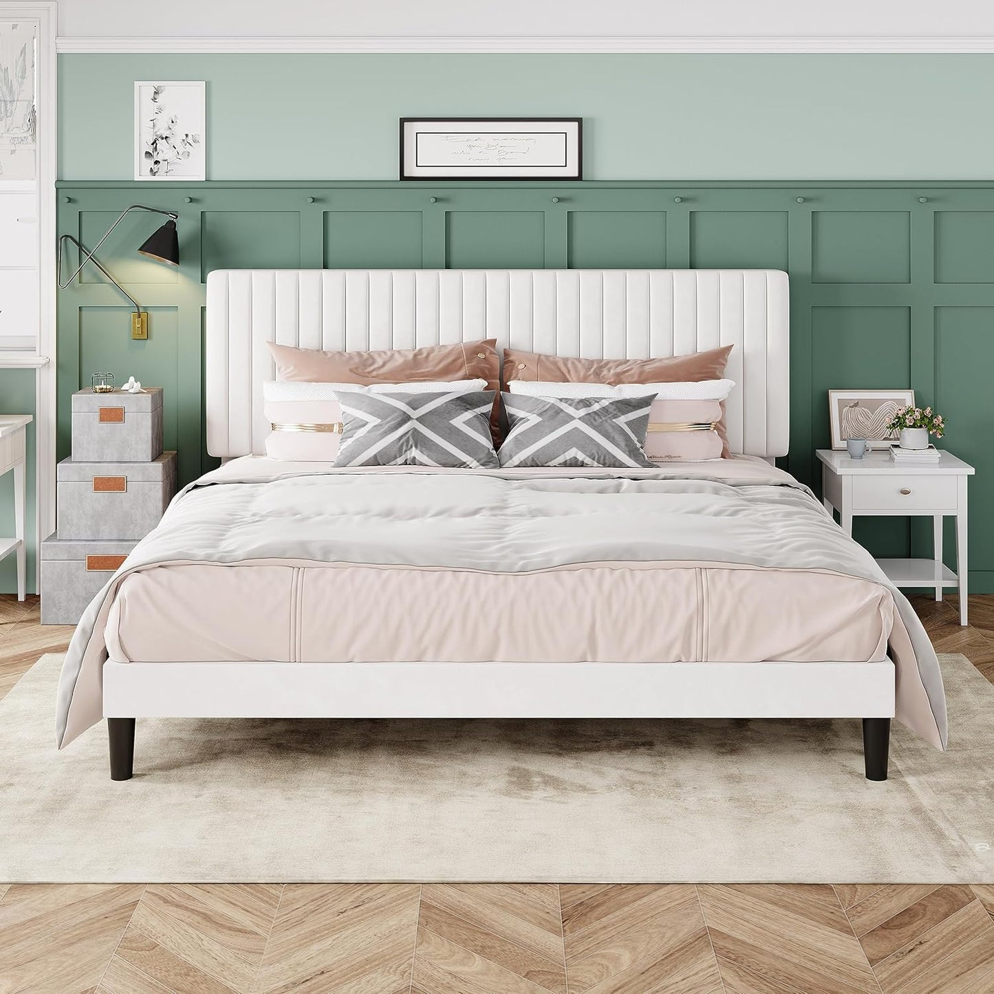 Allewie Queen Bed Frame, Velvet Upholstered Platform Bed with Vertical Channel Tufted Headboard, Mattress Foundation with Strong Wooden Slats, Box Spring Optional, Easy Assembly, Black