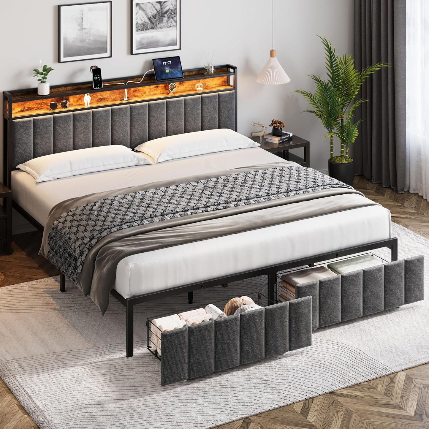 Full Bed Frame with Storage, Upholstered Bed Frame with LED Lights Headboard and 2 Drawers, Full Size Bed with Charging Station, Noise-Free, No Box Spring Needed, Easy Assembly, Grey