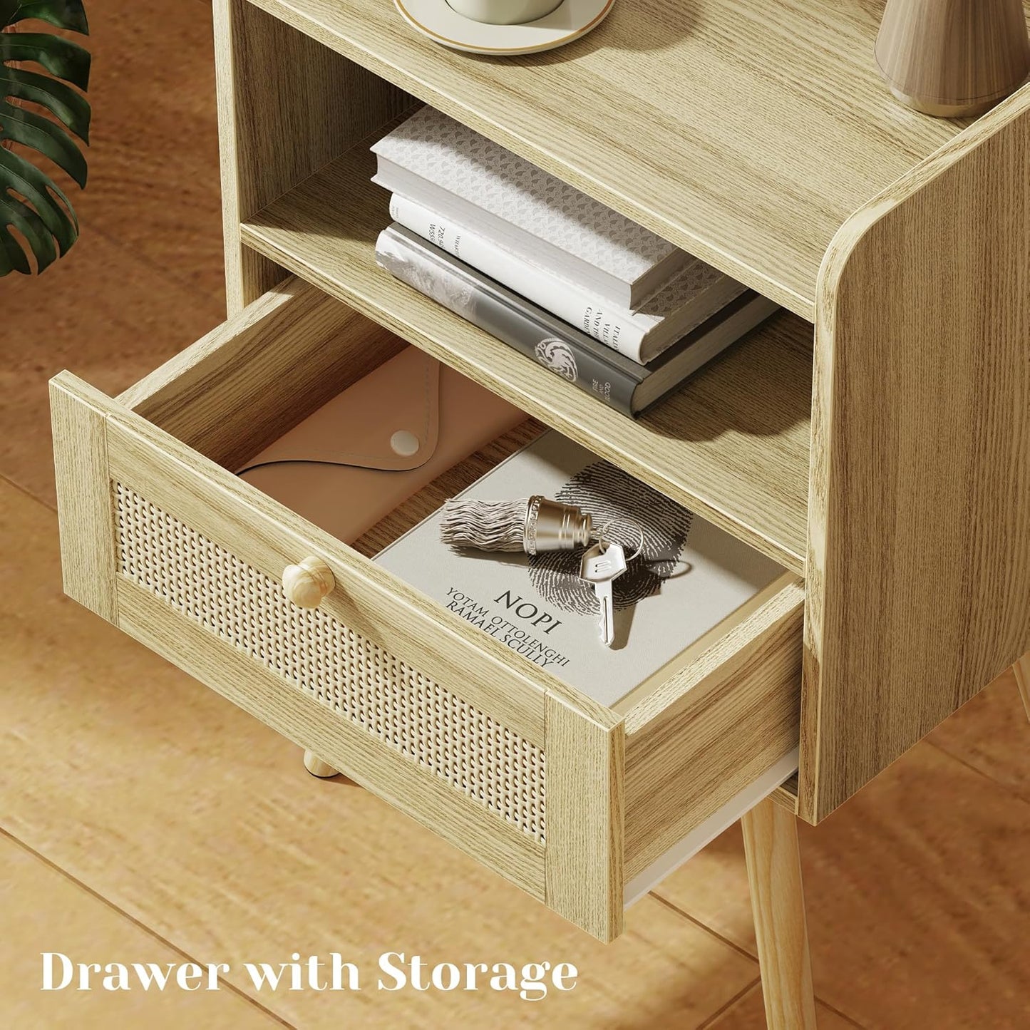 SUPERJARE Nightstands Set of 2, Night Stands with Charging Station & PE Rattan Decor Drawer, Bed Side Tables with Solid Wood Feet, End Table, for Bedroom, Living Room - Natural