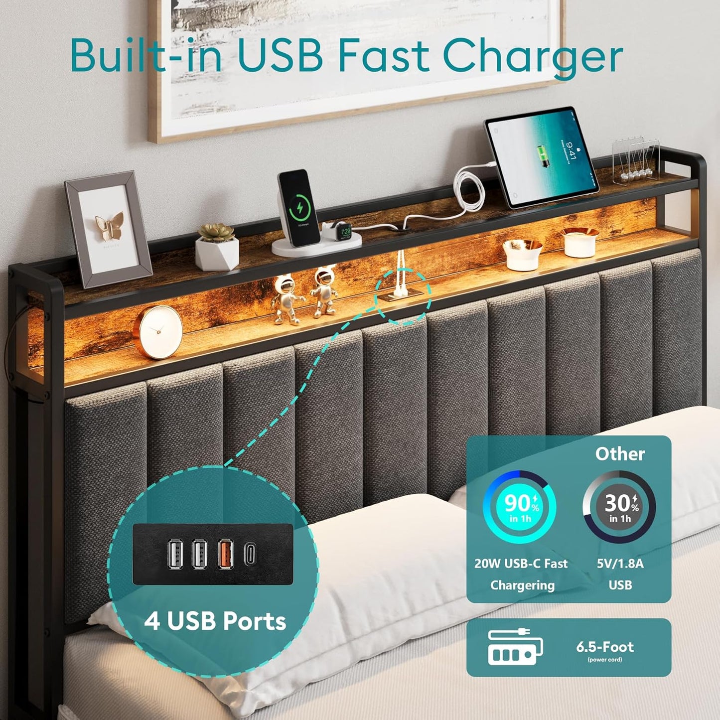 Full Bed Frame with Storage, Upholstered Bed Frame with LED Lights Headboard and 2 Drawers, Full Size Bed with Charging Station, Noise-Free, No Box Spring Needed, Easy Assembly, Grey