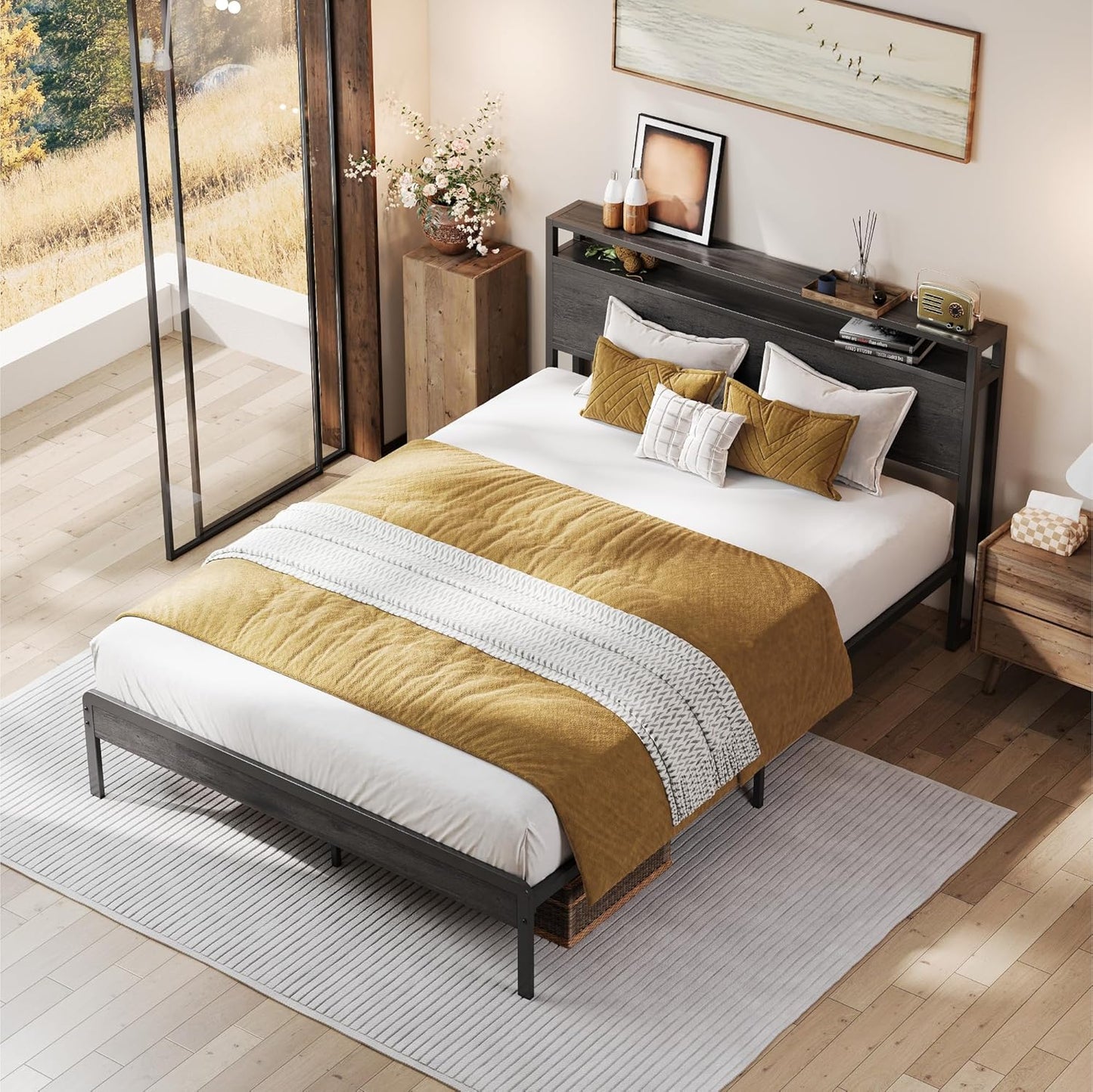 LIKIMIO Full Bed Frame with Headboard, Dark Wood Camas Full with Strong Supports, Sturdy, Noise-Free, No Box Spring Needed, Charcoal Grey