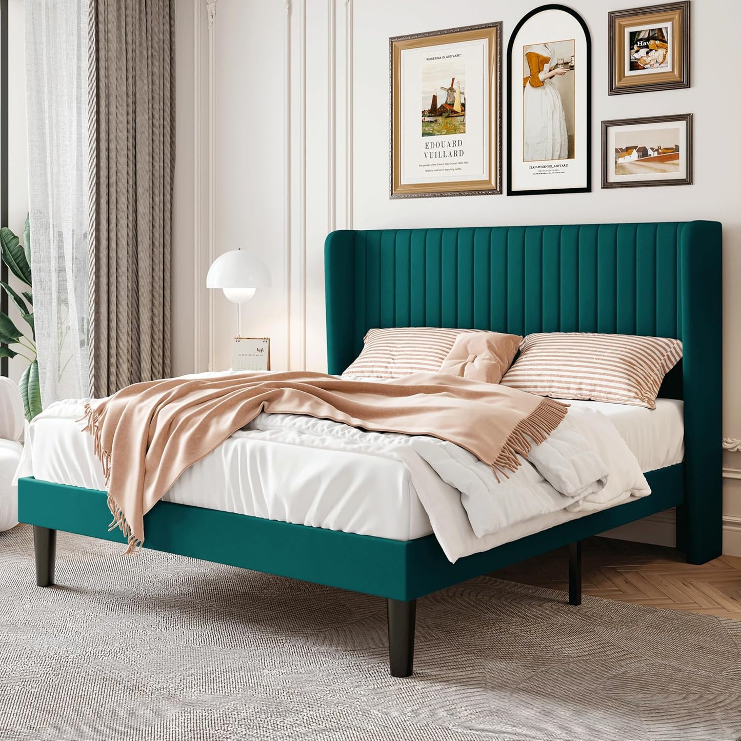 SHA CERLIN Full Size Velvet Bed Frame with Vertical Channel Tufted Wingback Headboard, Upholstered Platform Bed with Wood Slats, No Box Spring Needed, Easy Assembly, White