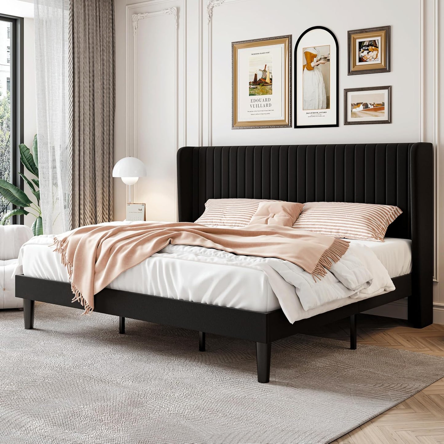 SHA CERLIN Full Size Velvet Bed Frame with Vertical Channel Tufted Wingback Headboard, Upholstered Platform Bed with Wood Slats, No Box Spring Needed, Easy Assembly, White