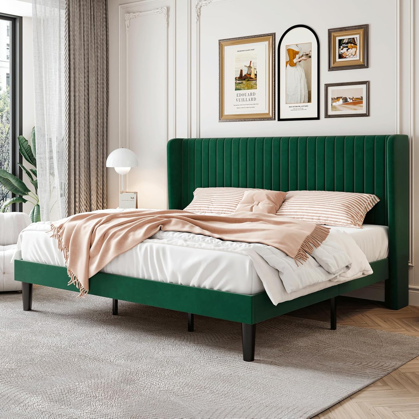 SHA CERLIN Full Size Velvet Bed Frame with Vertical Channel Tufted Wingback Headboard, Upholstered Platform Bed with Wood Slats, No Box Spring Needed, Easy Assembly, White