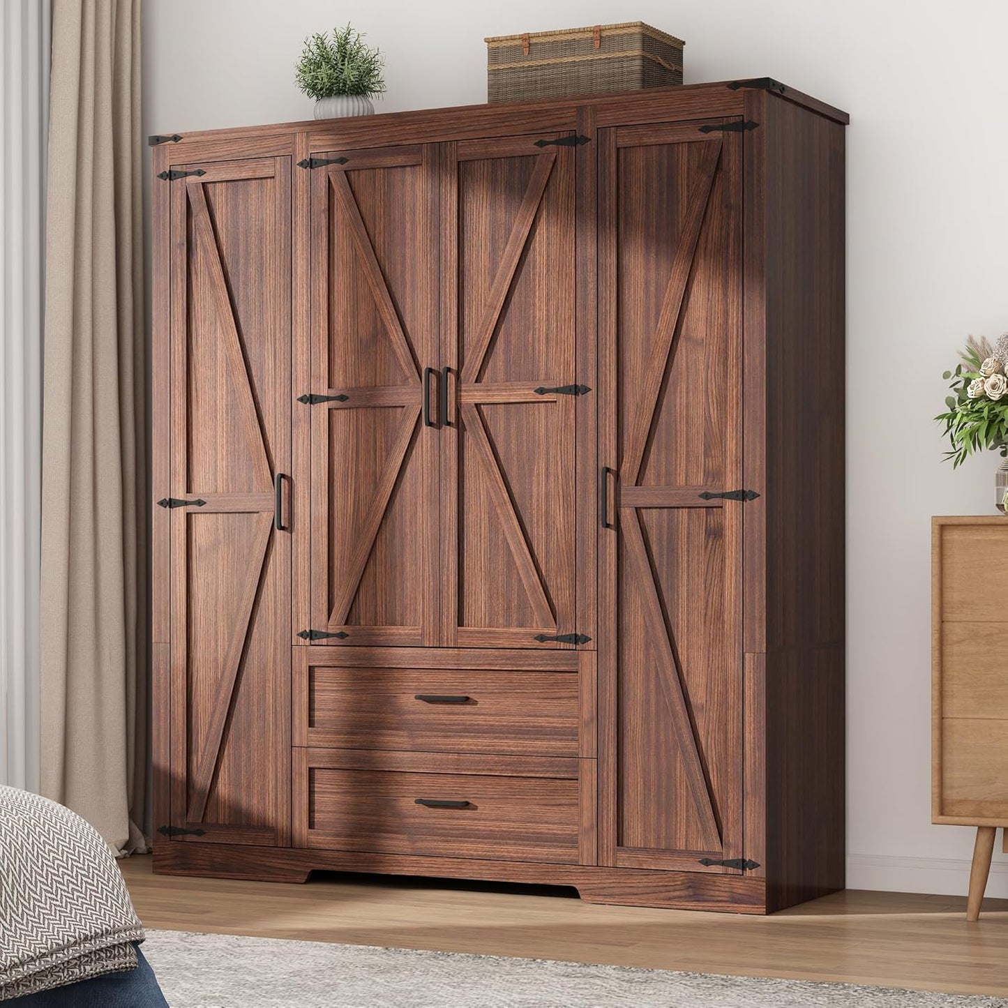 3 Doors Wardrobe Armoire Closet with Doors and Drawers, Farmhouse Wooden Armoire Storage Cabinet with Shelves & Hanging Rod for Bedroom, White