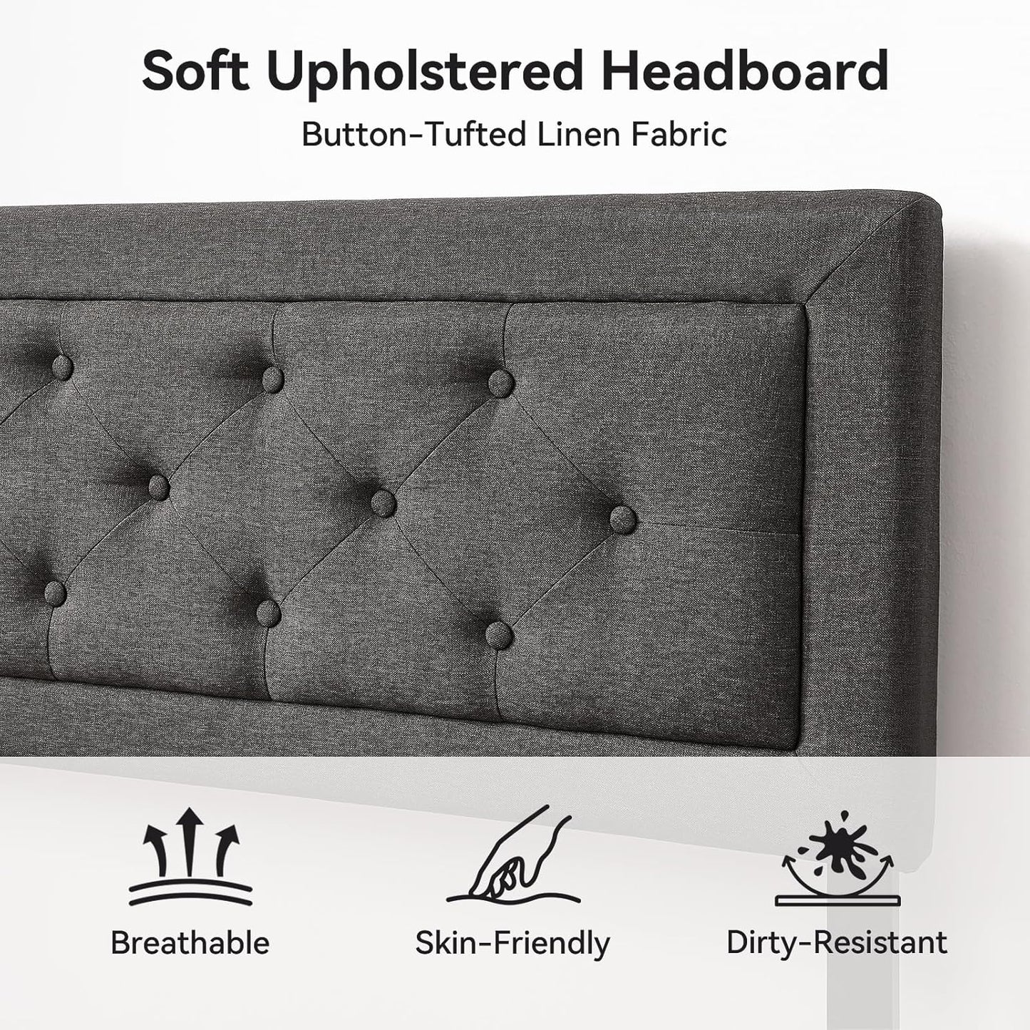 BedsPick Queen Size Bed Frame with Headboard, Upholstered Bed Frame with Button Tufted, Platform Bed with Wood Slat Support,Noise Free, Easy Assembly, No Box Spring Needed (Dark Grey, Queen)