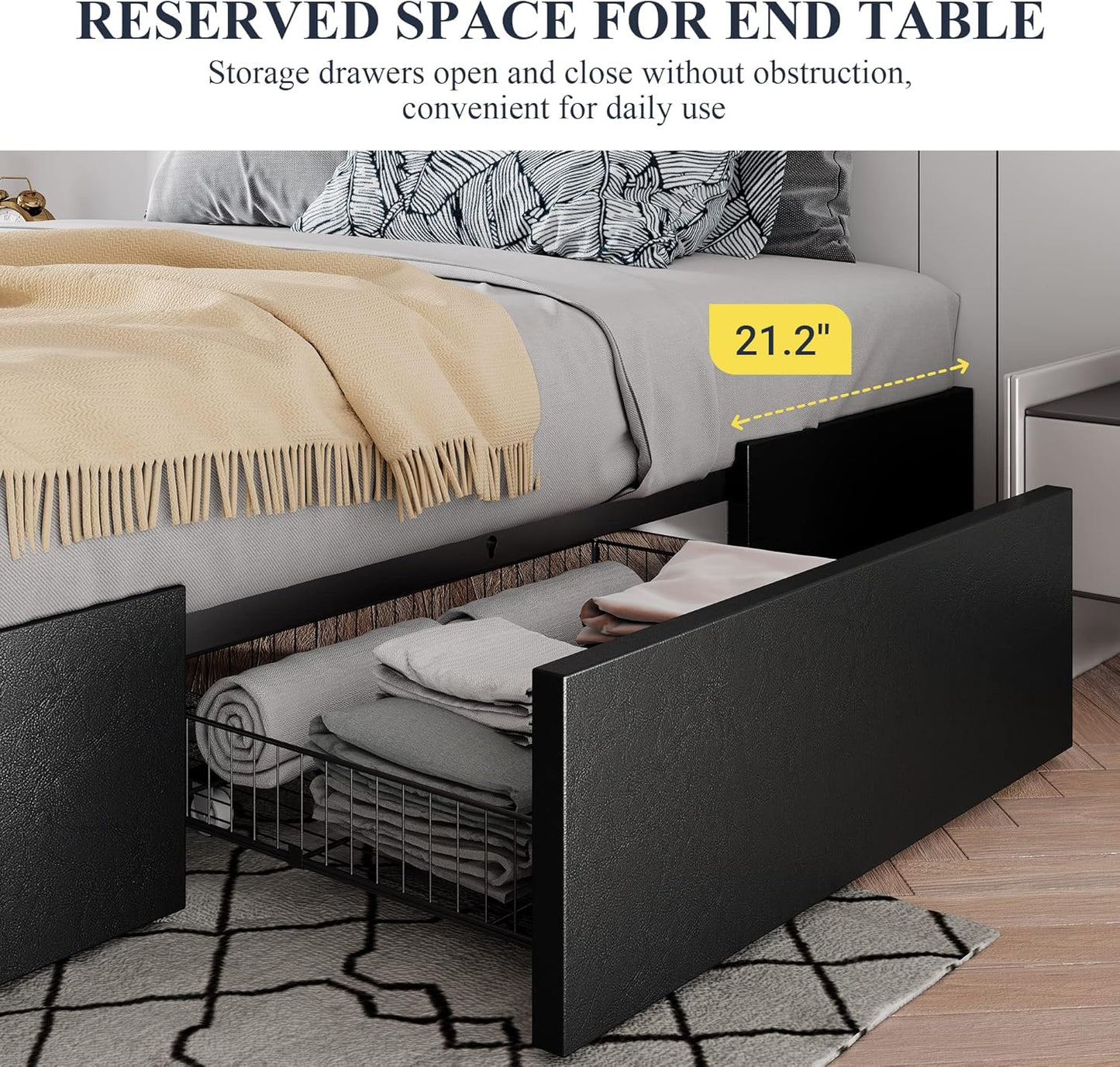 Allewie Full Size Platform Bed Frame with 3 Storage Drawers, Faux Leather Upholstered, Wooden Slats Support, No Box Spring Needed, Easy Assembly, Black