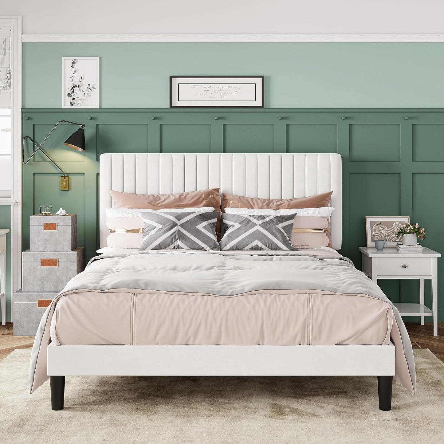 Allewie Queen Bed Frame, Velvet Upholstered Platform Bed with Vertical Channel Tufted Headboard, Mattress Foundation with Strong Wooden Slats, Box Spring Optional, Easy Assembly, Black