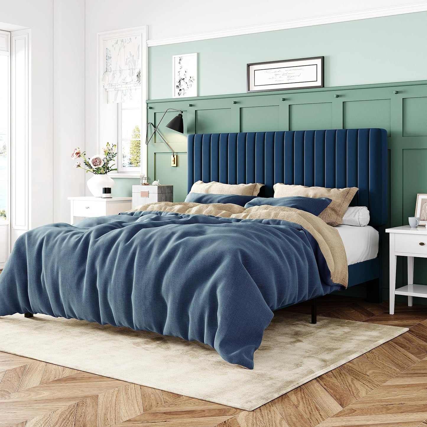 Allewie Queen Bed Frame, Velvet Upholstered Platform Bed with Vertical Channel Tufted Headboard, Mattress Foundation with Strong Wooden Slats, Box Spring Optional, Easy Assembly, Black