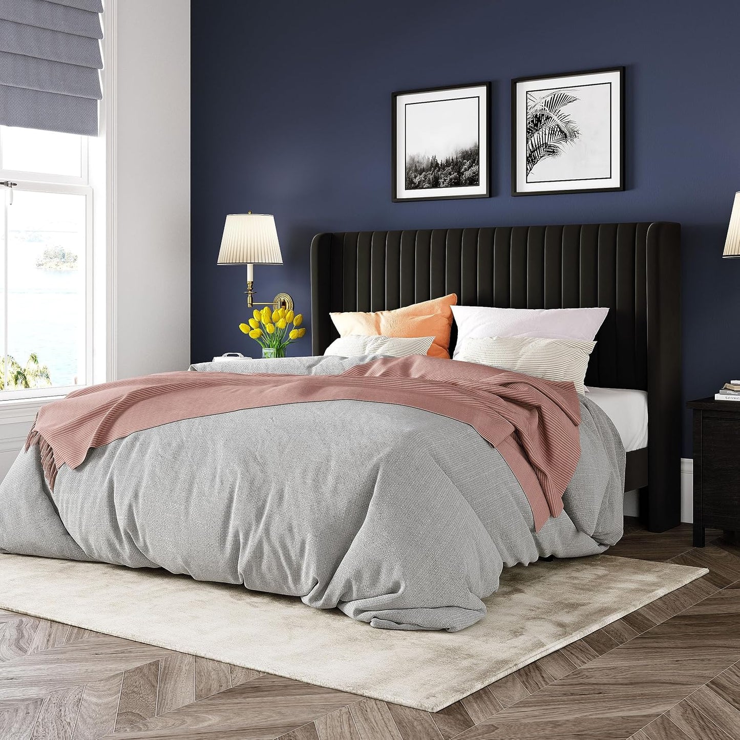 Allewie Full Size Velvet Bed Frame/Vertical Channel Tufted Wingback Headboard/Upholstered Platform Bed/Strong Wooden Slats/No Box Spring Needed/Easy Assembly/White