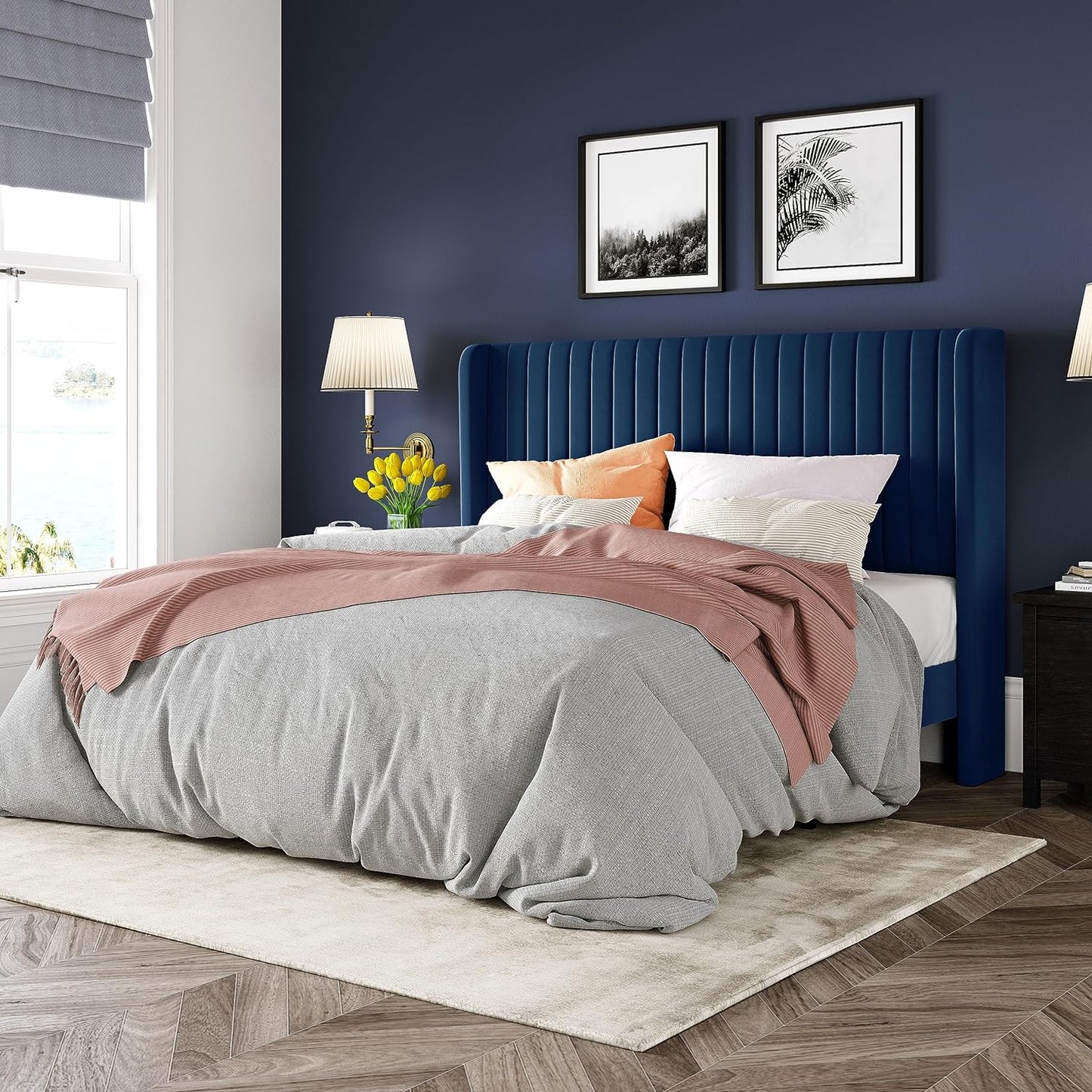 Allewie Full Size Velvet Bed Frame/Vertical Channel Tufted Wingback Headboard/Upholstered Platform Bed/Strong Wooden Slats/No Box Spring Needed/Easy Assembly/White