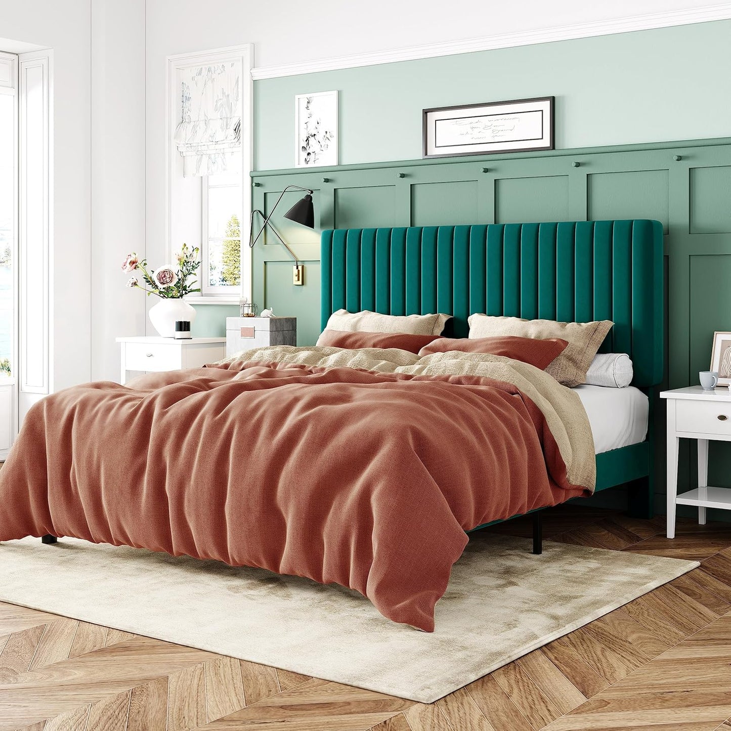 Allewie Queen Bed Frame, Velvet Upholstered Platform Bed with Vertical Channel Tufted Headboard, Mattress Foundation with Strong Wooden Slats, Box Spring Optional, Easy Assembly, Black