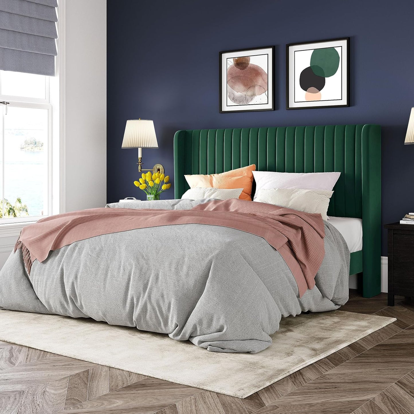 Allewie Full Size Velvet Bed Frame/Vertical Channel Tufted Wingback Headboard/Upholstered Platform Bed/Strong Wooden Slats/No Box Spring Needed/Easy Assembly/White