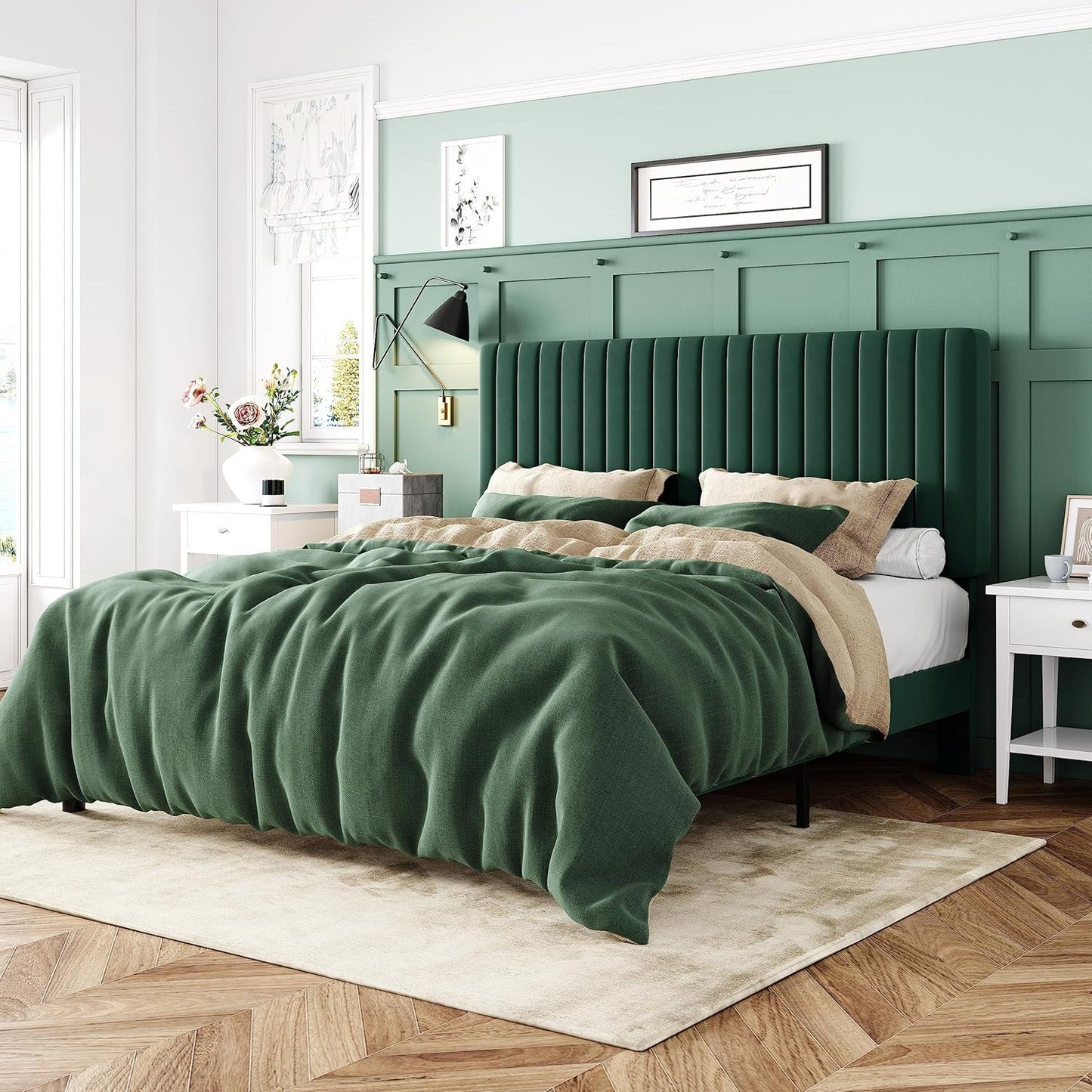 Allewie Queen Bed Frame, Velvet Upholstered Platform Bed with Vertical Channel Tufted Headboard, Mattress Foundation with Strong Wooden Slats, Box Spring Optional, Easy Assembly, Black
