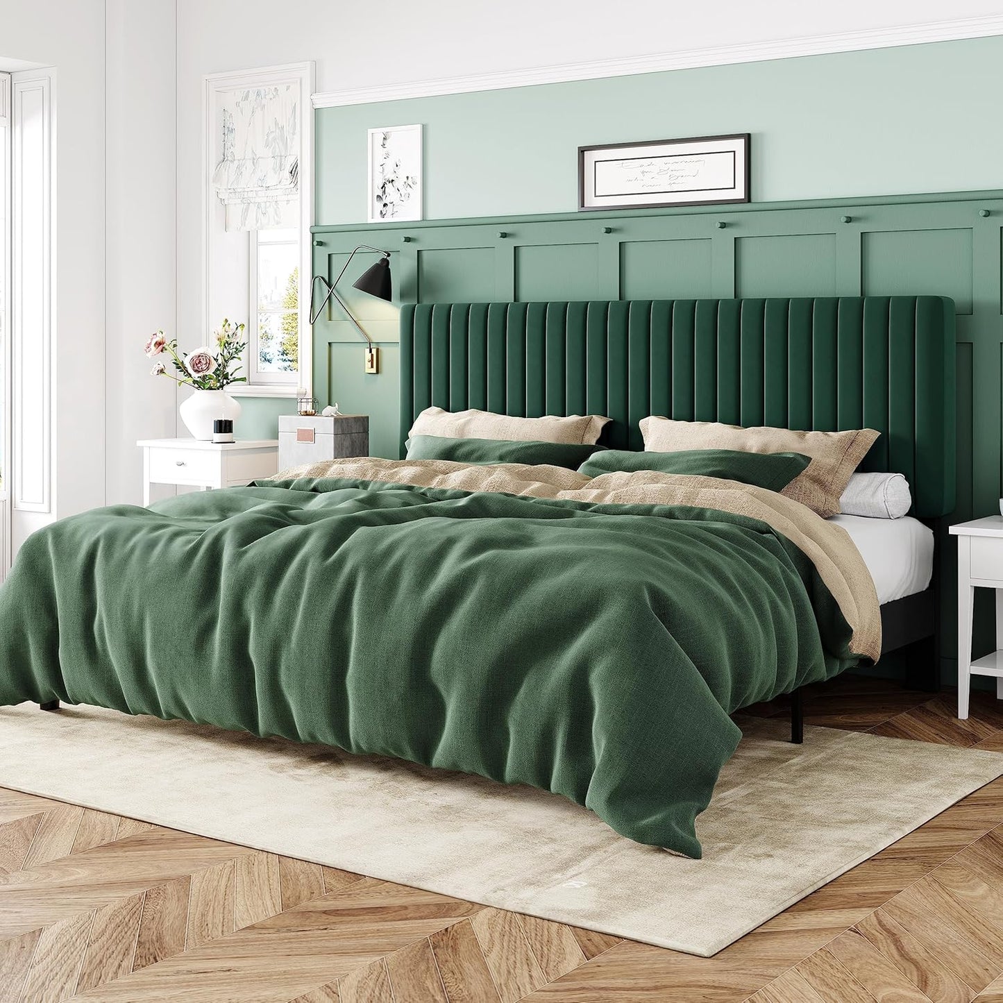 Allewie Queen Bed Frame, Velvet Upholstered Platform Bed with Vertical Channel Tufted Headboard, Mattress Foundation with Strong Wooden Slats, Box Spring Optional, Easy Assembly, Black