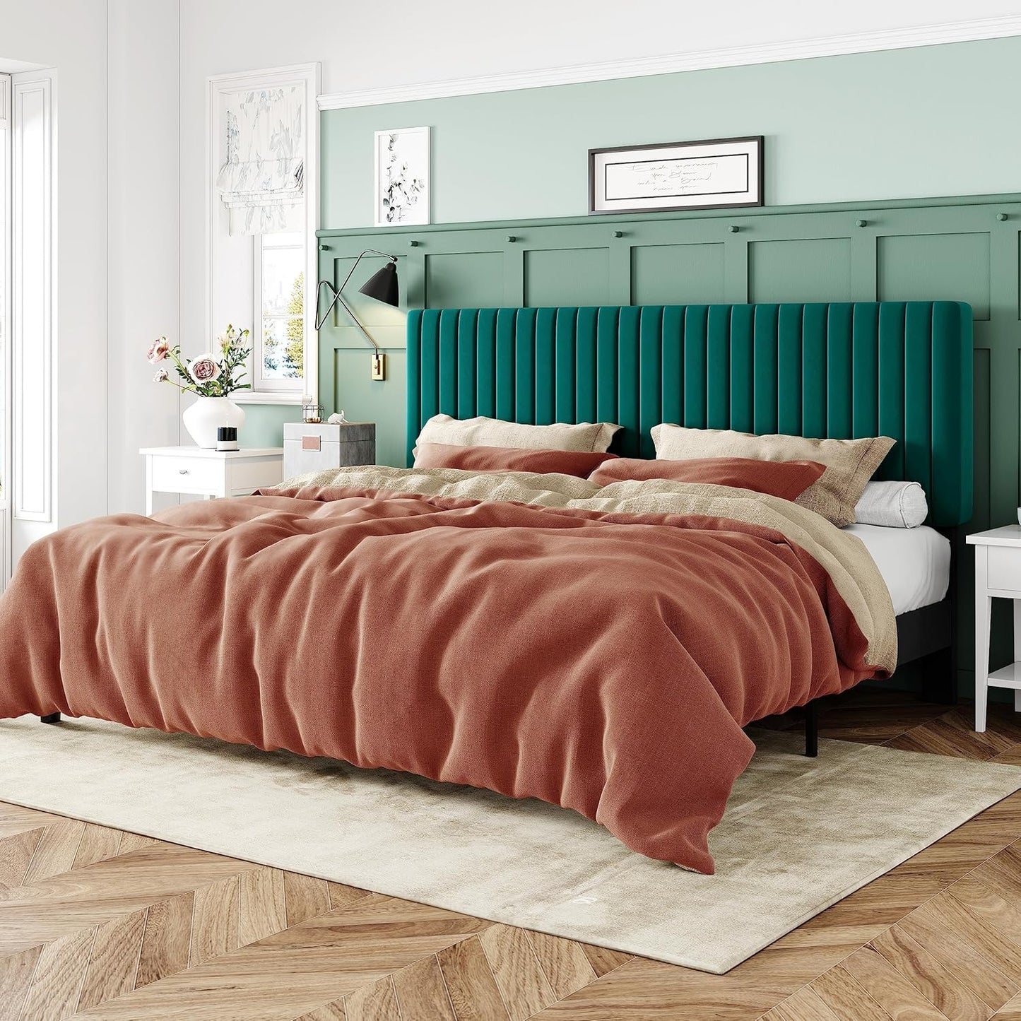 Allewie Queen Bed Frame, Velvet Upholstered Platform Bed with Vertical Channel Tufted Headboard, Mattress Foundation with Strong Wooden Slats, Box Spring Optional, Easy Assembly, Black